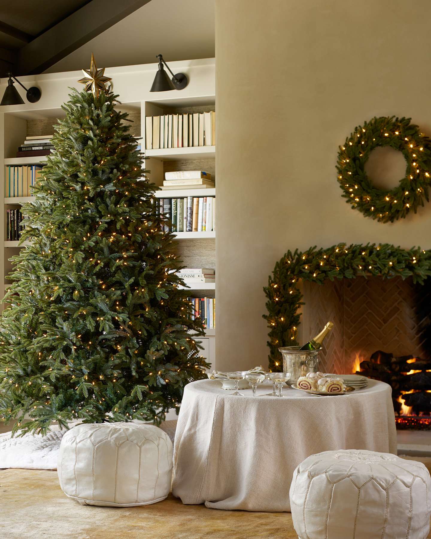 Balsam Hill Double Sided Mirrored Star Artificial Christmas Tree Topper Lifestyle Dining by the Fireplace Display