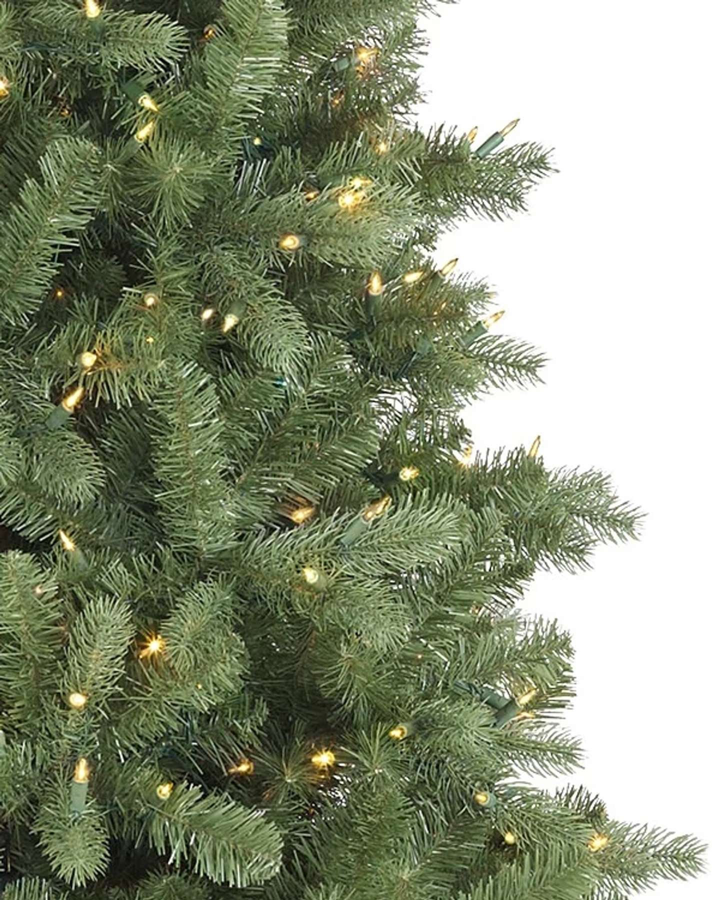 Balsam Hill Bellevue Spruce Artificial Christmas Tree Closeup with LED Clear Lights CLoseup