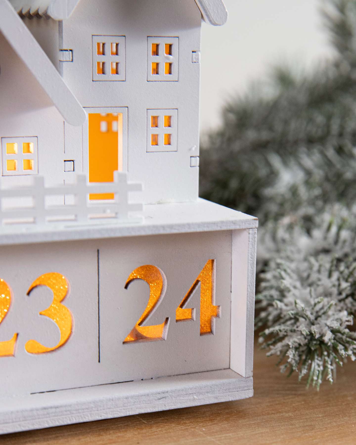 Balsam Hill White Wooden Christmas Village Advent Calendar Closeup Detail