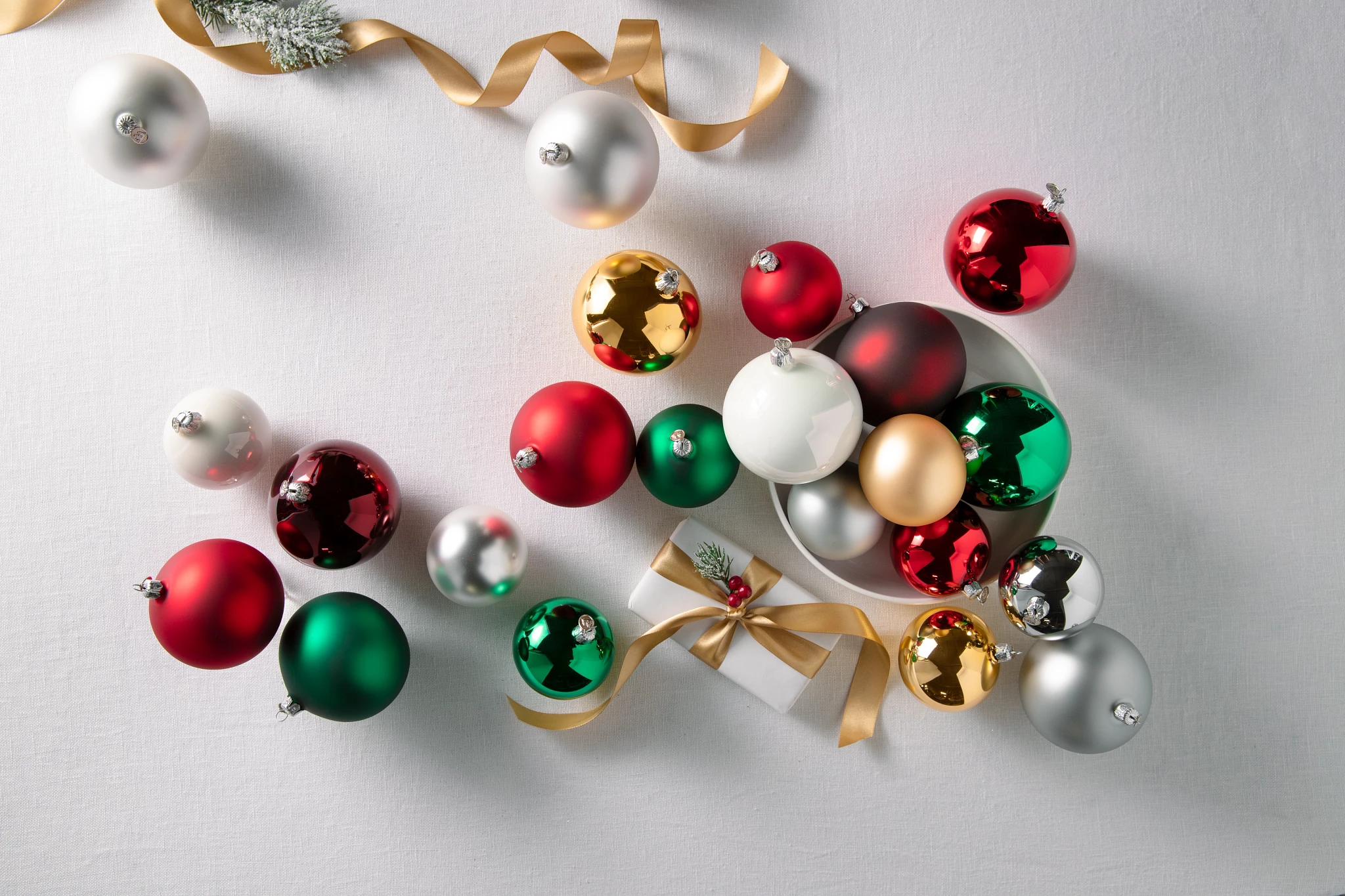 Red, green, gold, and white Christmas ornaments