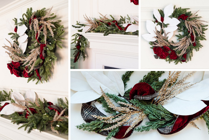 A Christmas wreath and garland decorated with magnolia leaves, beaded picks, and red velvet ribbon