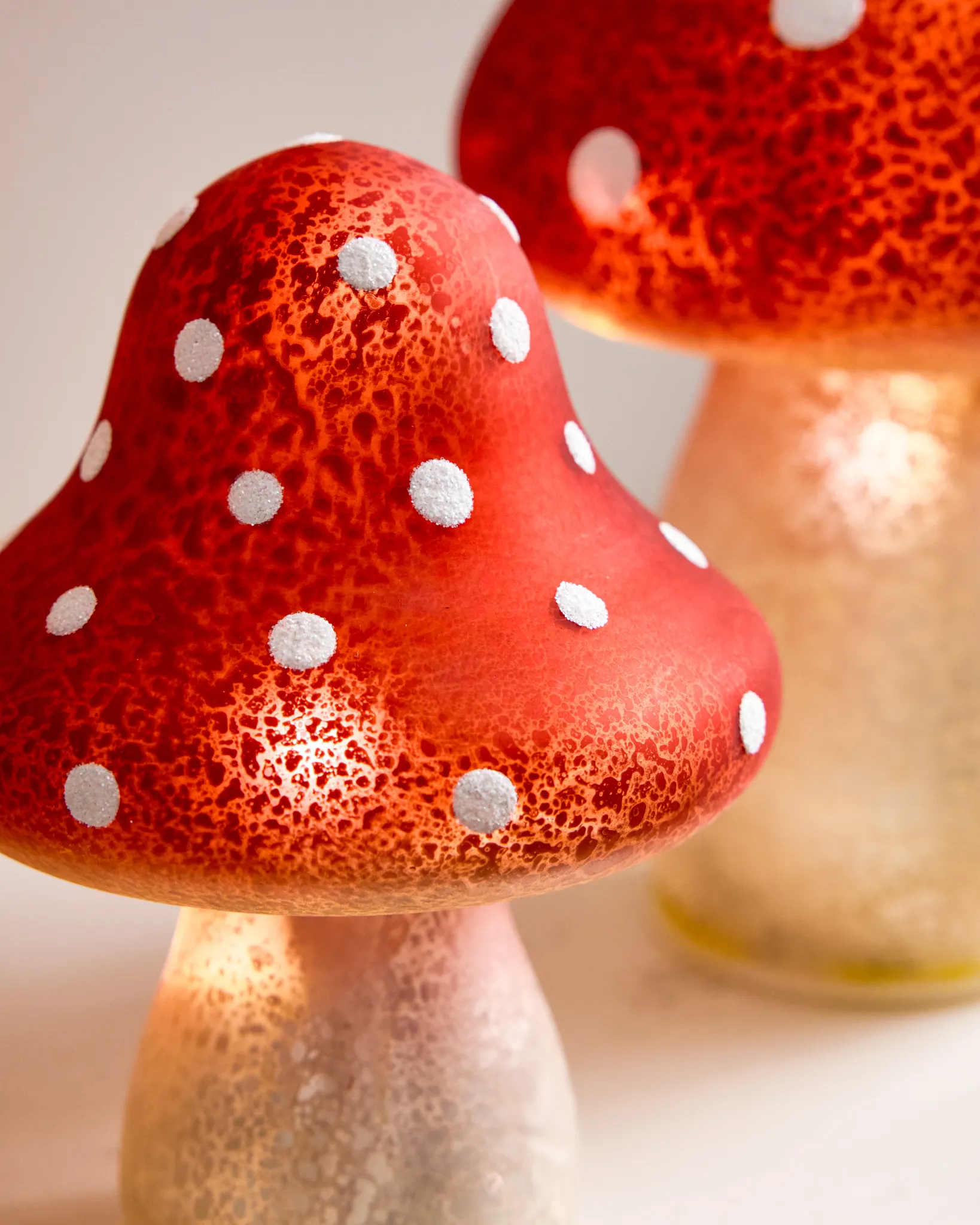 Lit Red Glass Mushroom Set