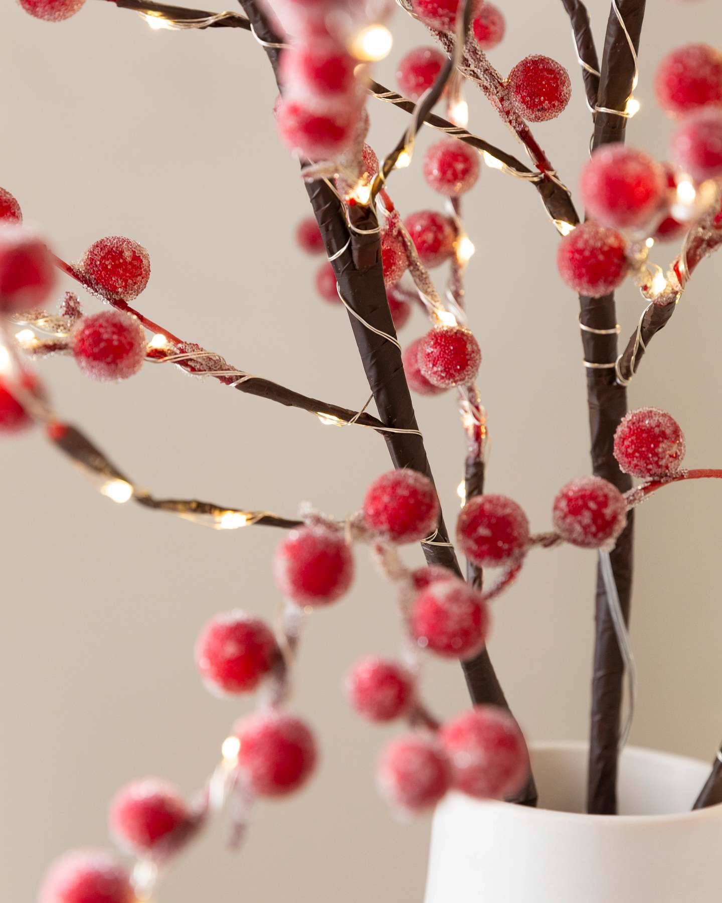Balsam Hill Lit Sugared Red Berry Branches Set of 3 Close-Up View