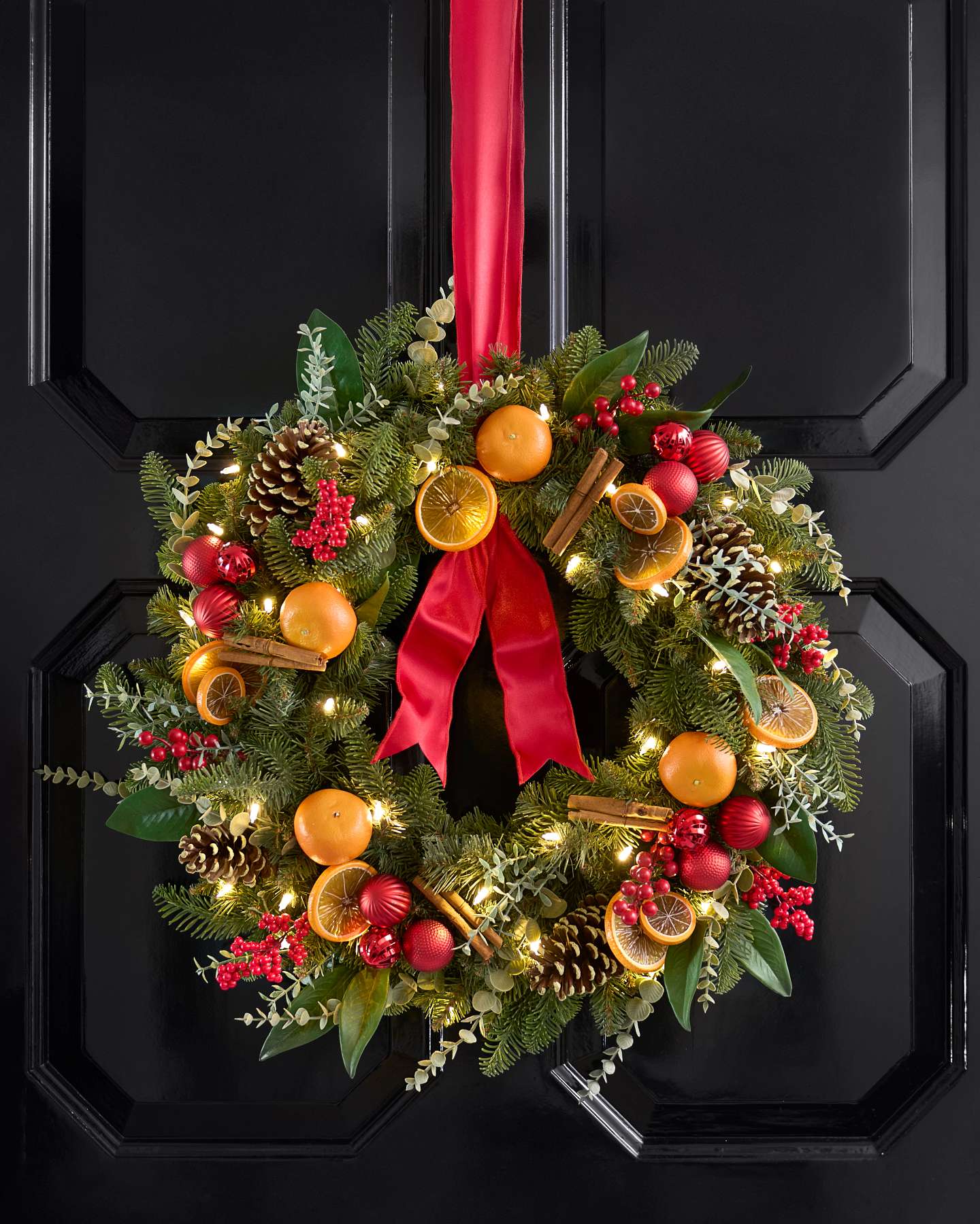 Balsam Hill Citrus Spice Artificial Christmas Wreath Lifestyle Door Display