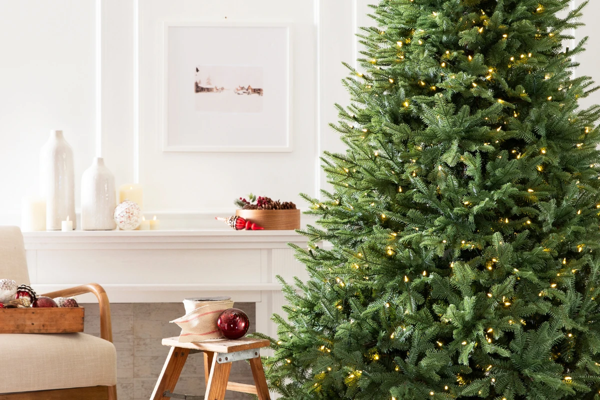Close-up of Balsam Hill Christmas tree with clear lights