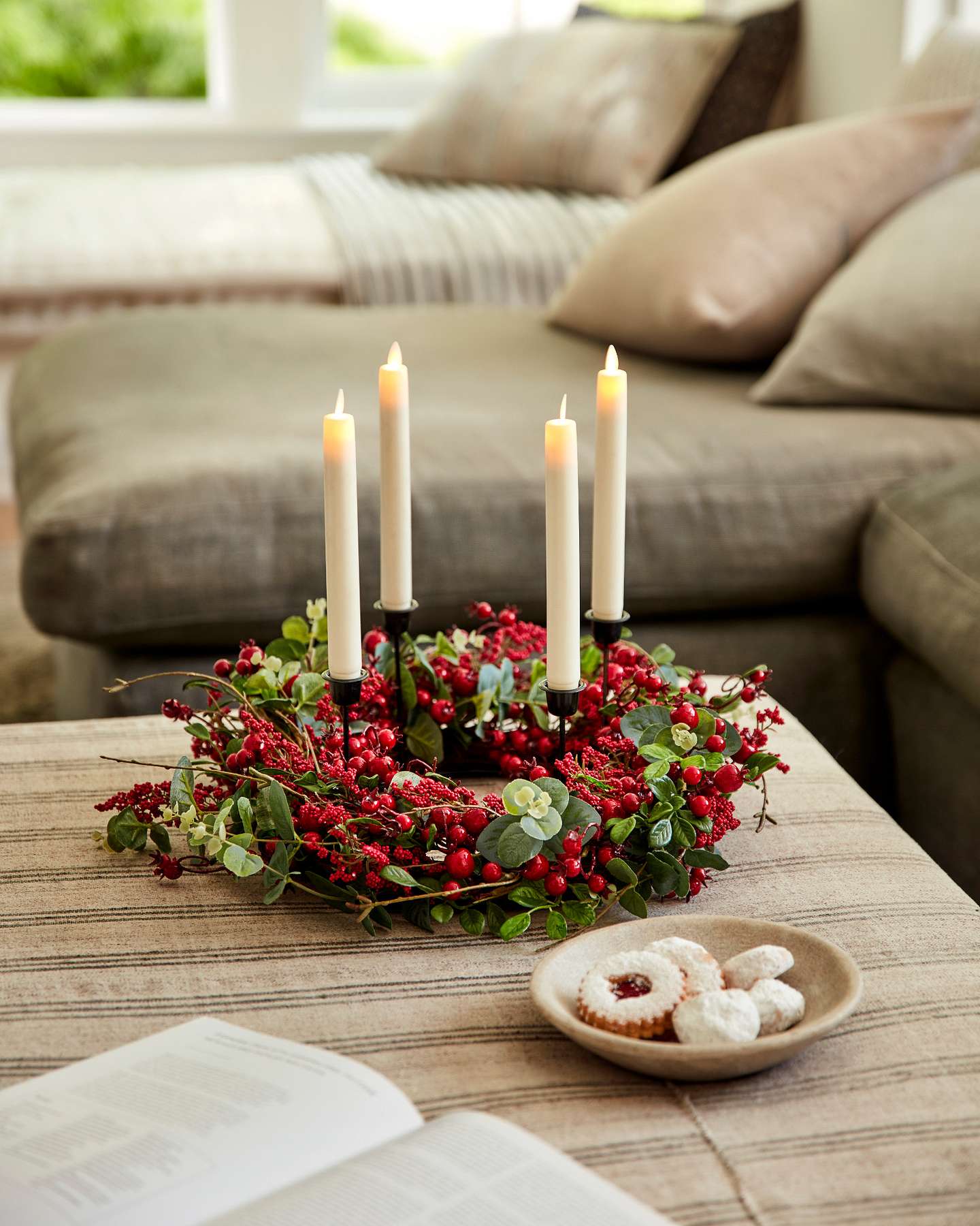 Balsam Hill Mixed Berry Advent Wreath Unlit in Lifestyle Setting