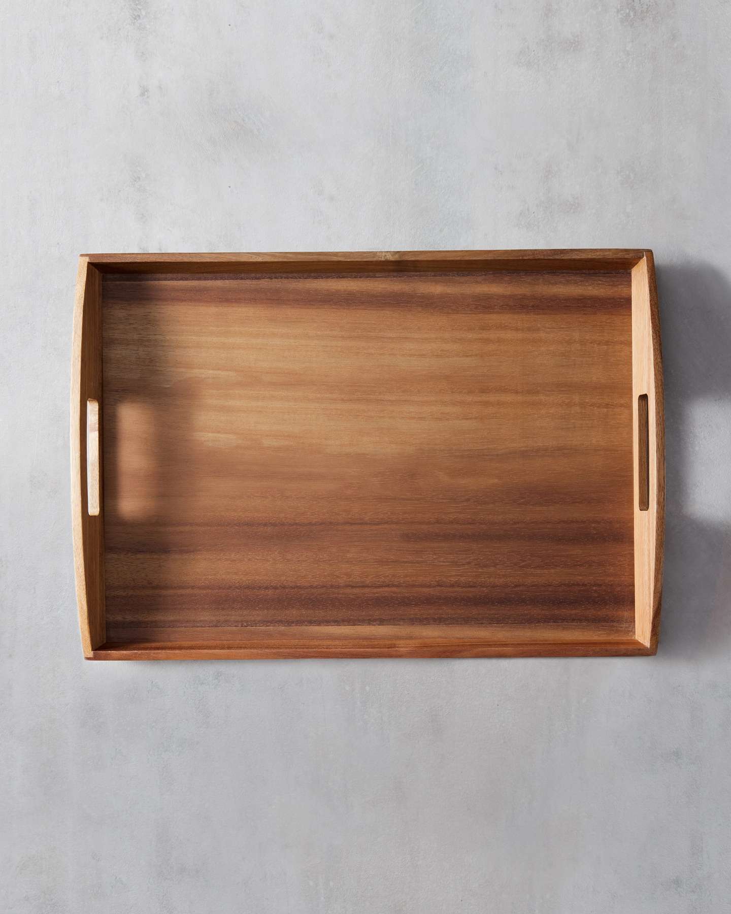 Balsam Hill Monogrammed Acacia Tray in Studio Setting with Classic Rectangular Design