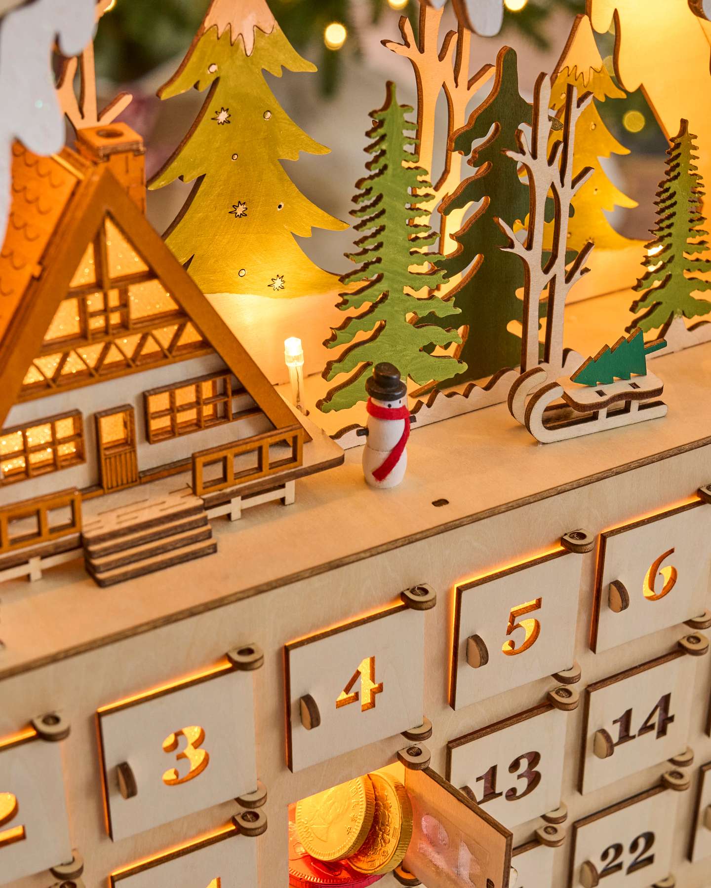 Lit Wooden Snowy Cabin Advent Calendar