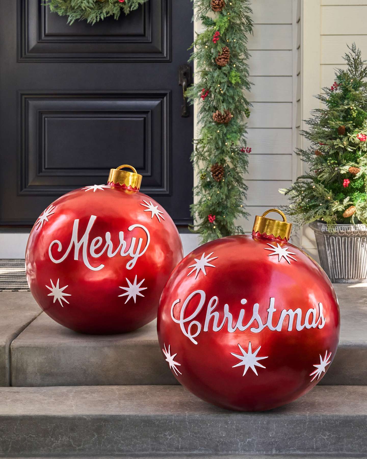 Balsam Hill Outdoor Merry Christmas Ornaments Set of 2 Hanging Closeup