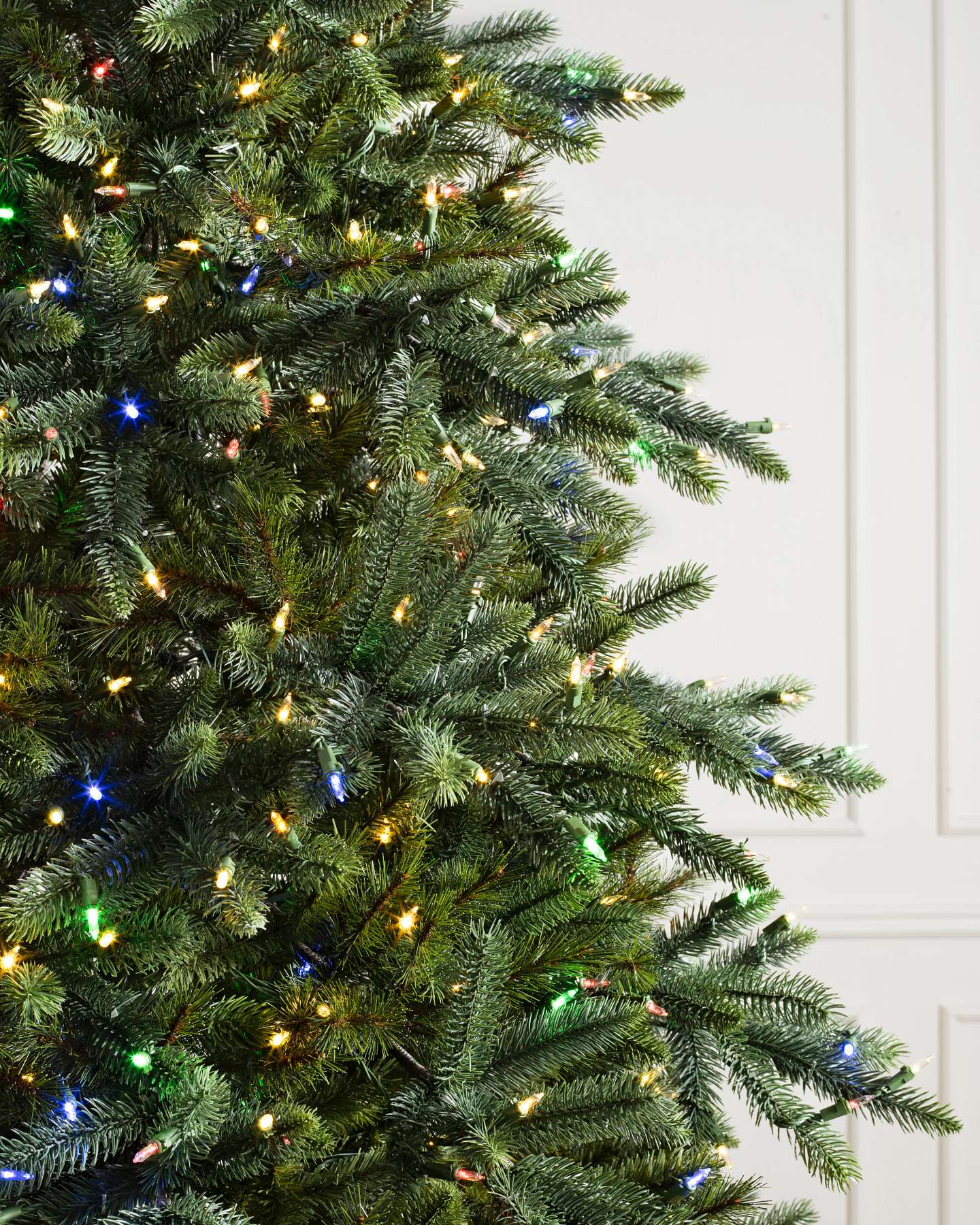 Balsam Hill California Baby Redwood Artificial Christmas Tree LED Color+Clear Closeup