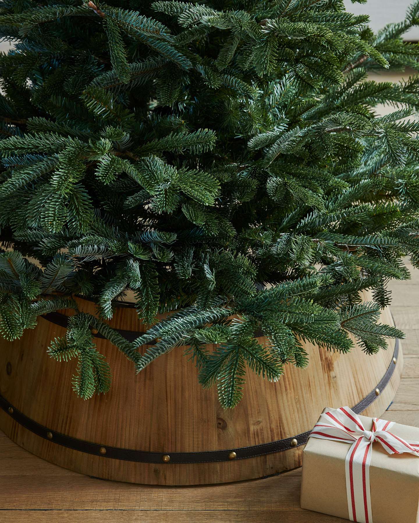 Balsam Hill Wooden Barrel Artificial Christmas Tree Collar Lifestyle View