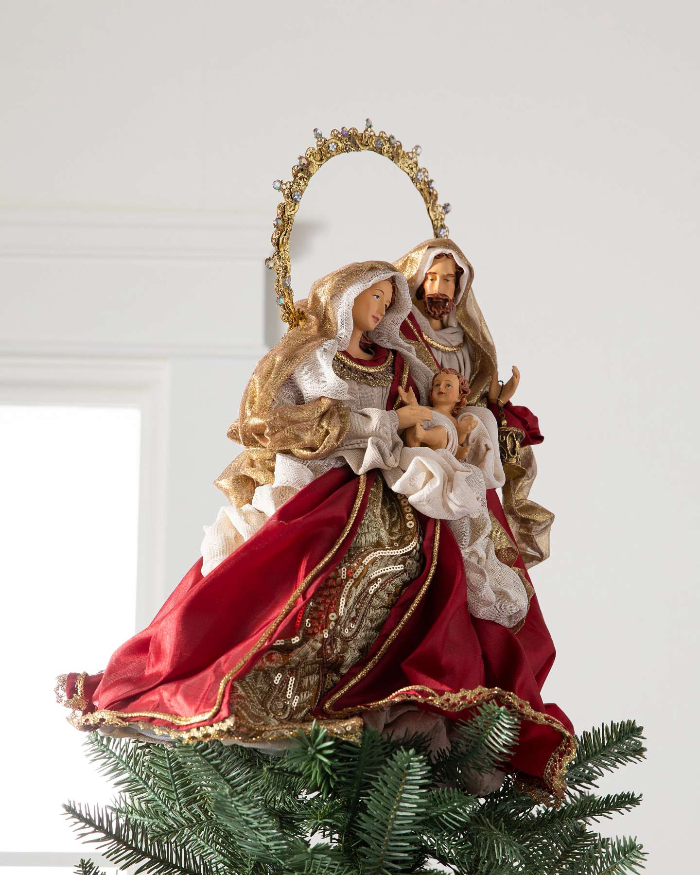 Décoration pour cime de sapin de Noël, Sainte-Famille, bourgogne, 16 po