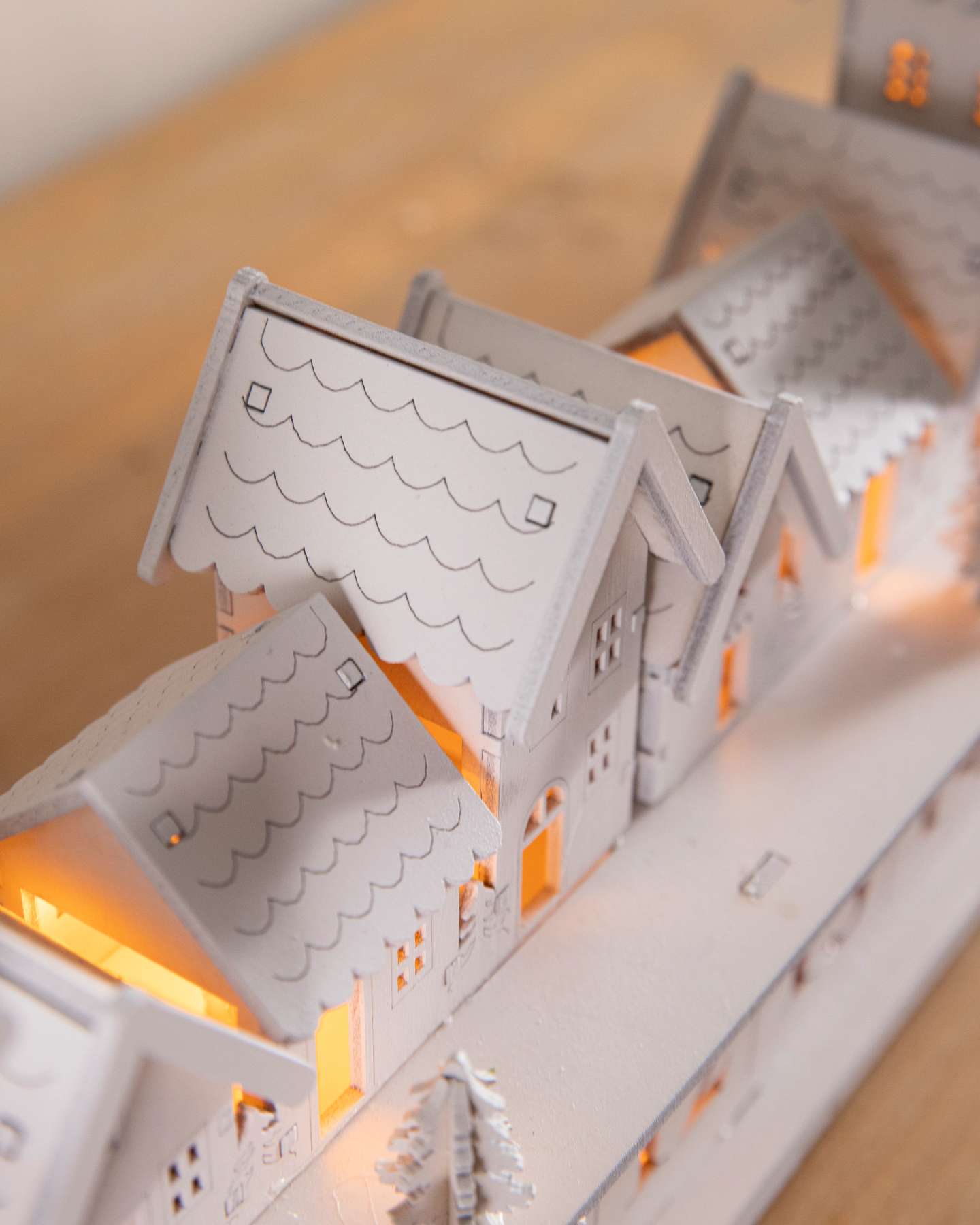 Balsam Hill White Wooden Christmas Village Advent Calendar Closeup View