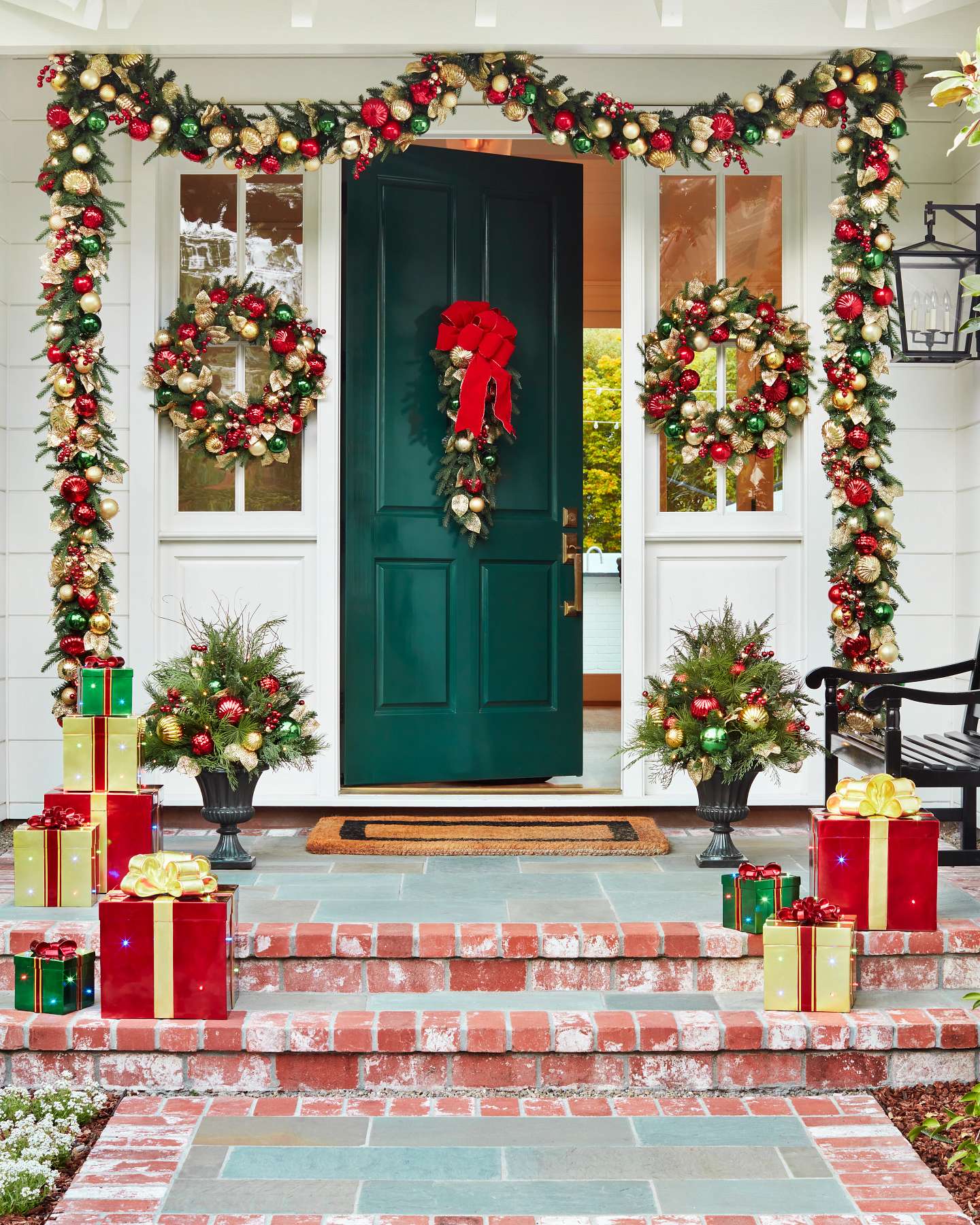 Balsam Hill Outdoor Stackable Lighted Christmas Gifts in a Festive Setting