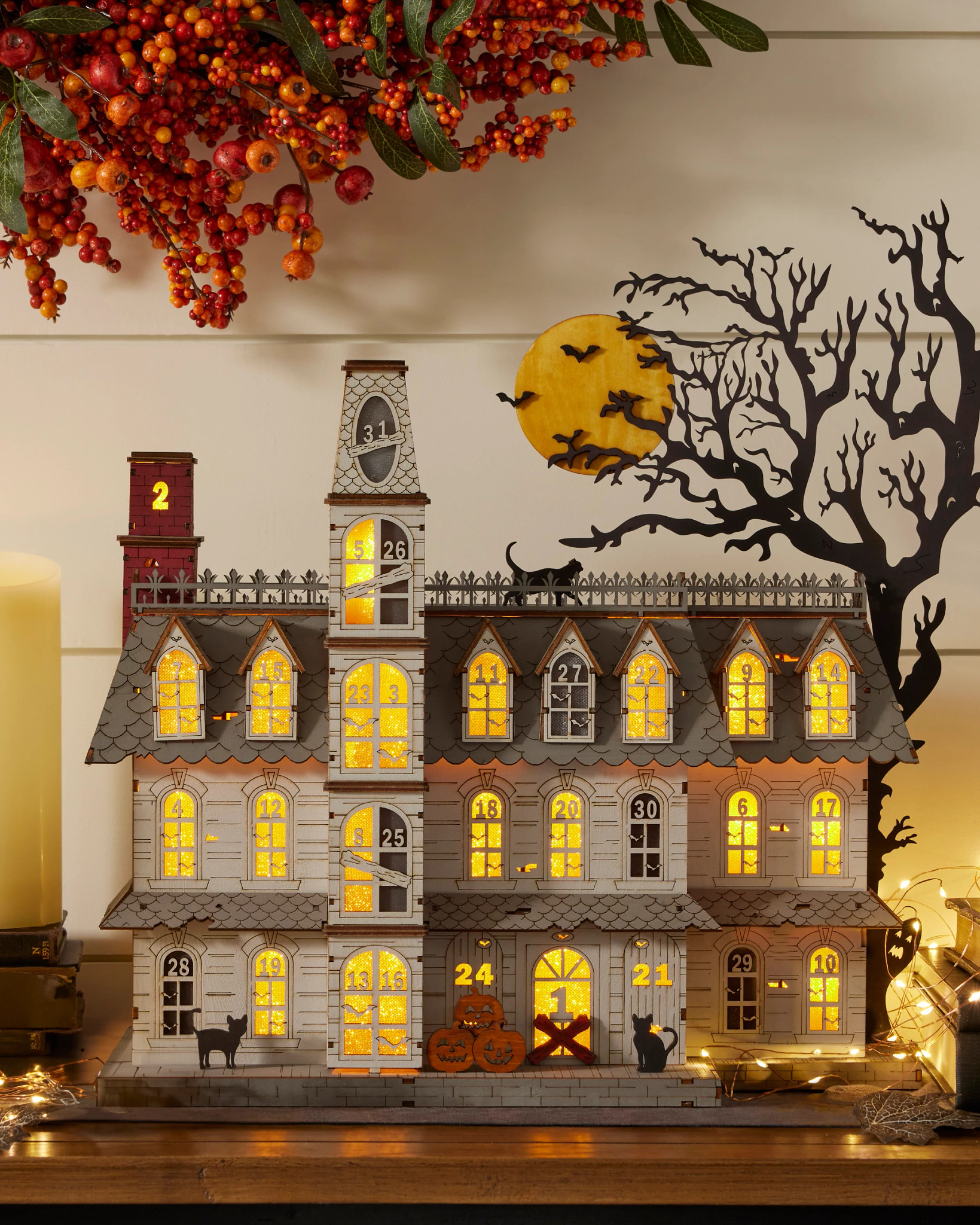 Lit Wooden Spooky Manor Halloween Countdown Calendar