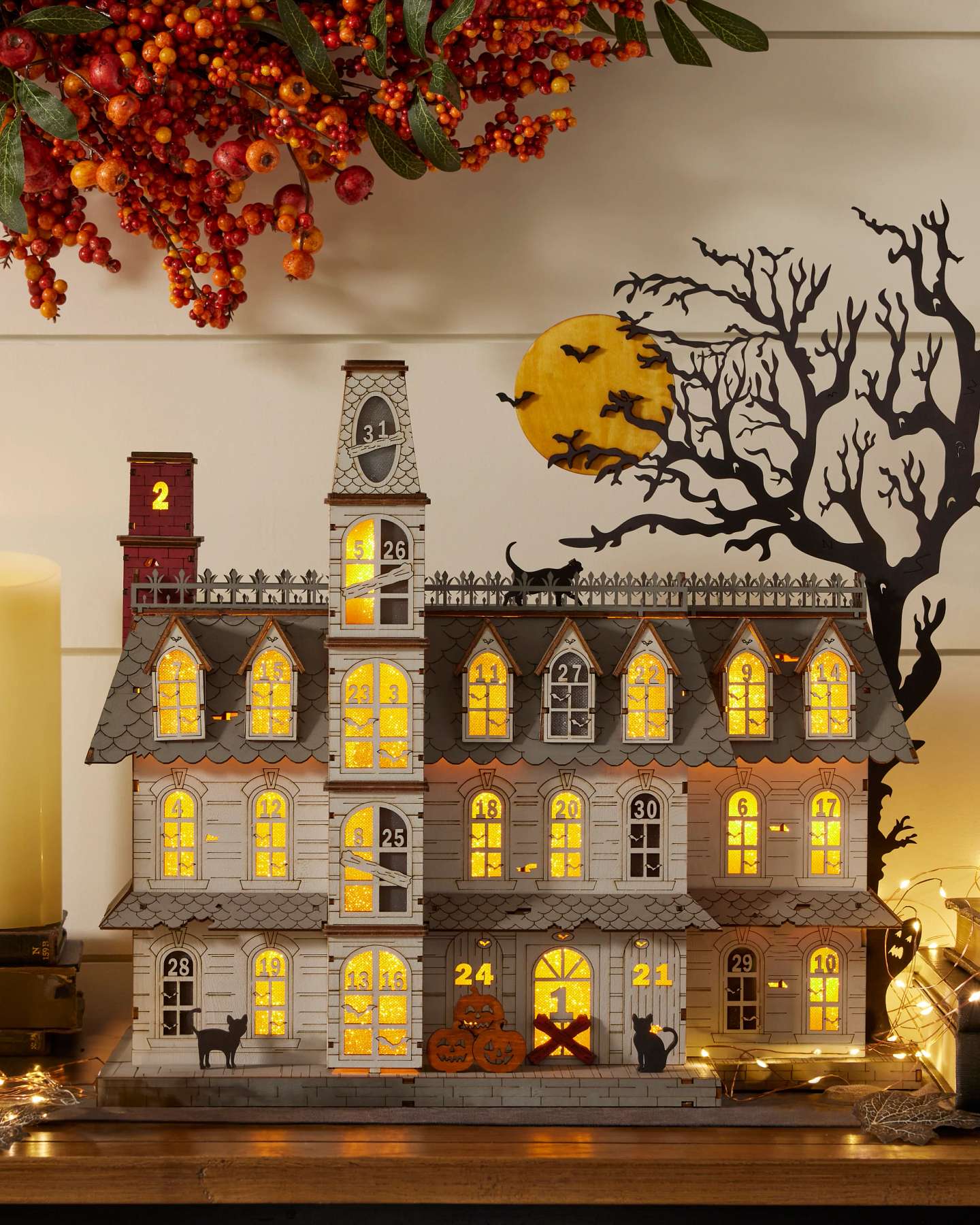Balsam Hill Lit Wooden Halloween Countdown Calendar with Numbered Drawers