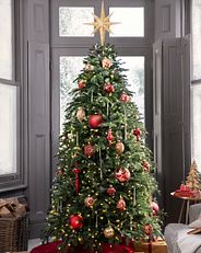 Sapin de Noël avec ornements rouges et dorés.