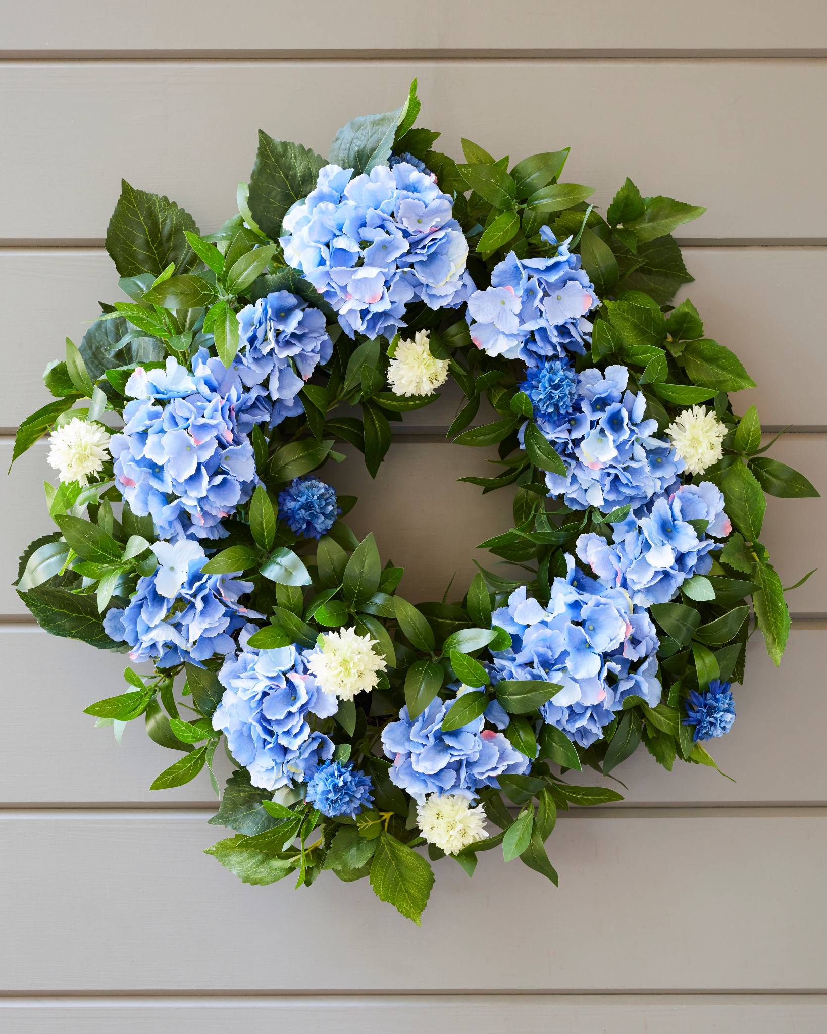 blue and purple hydrangea wreath