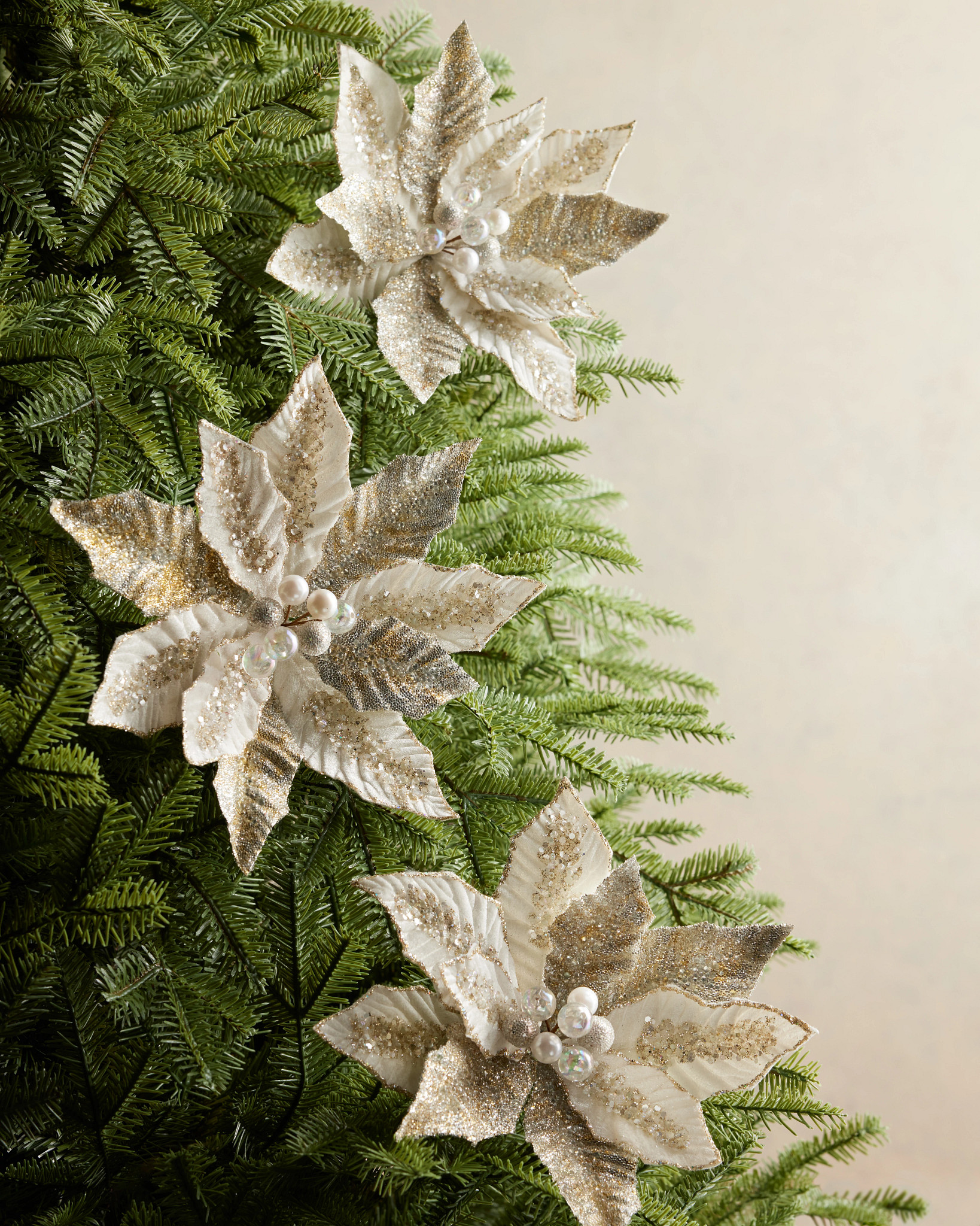 Ivory Glittered Beaded Velvet Poinsettia Pick Set