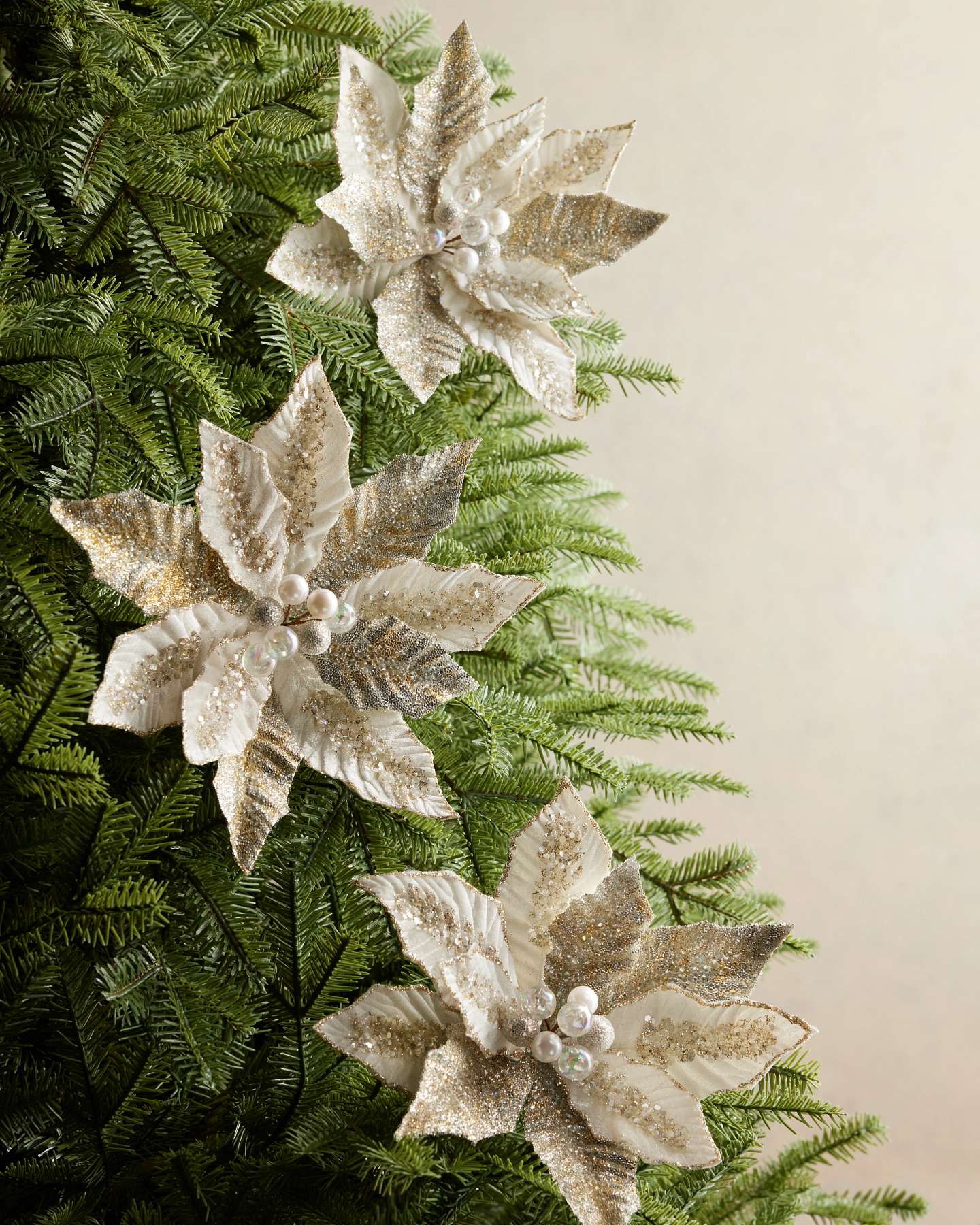 Ivory Glittered Beaded Velvet Poinsettia Picks, Set of 12