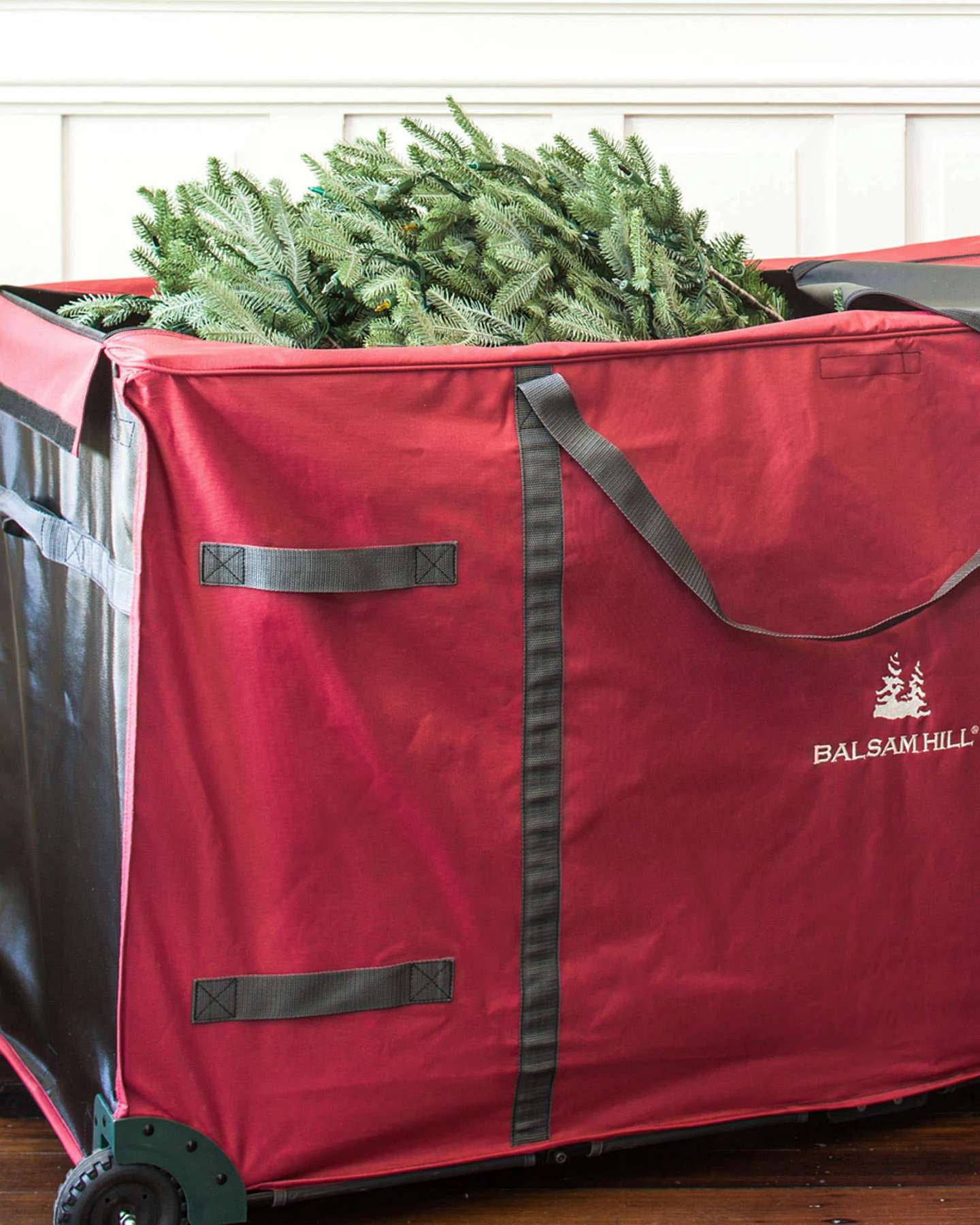 Balsam Hill Rolling Multi-Purpose Greenery Bag Lifestyle Image in Holiday Setting