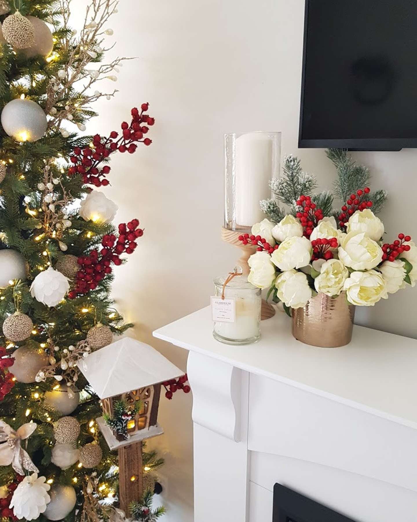 Balsam Hill Red Berry Christmas Tree Picks Set of 12 Placed in a Cozy Christmas Setting