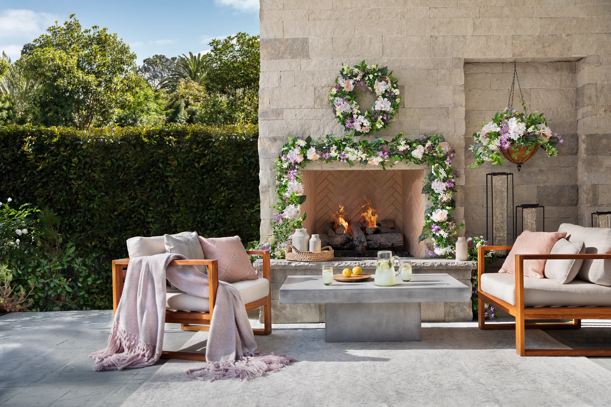 Patio decorated with spring wreaths and garlands