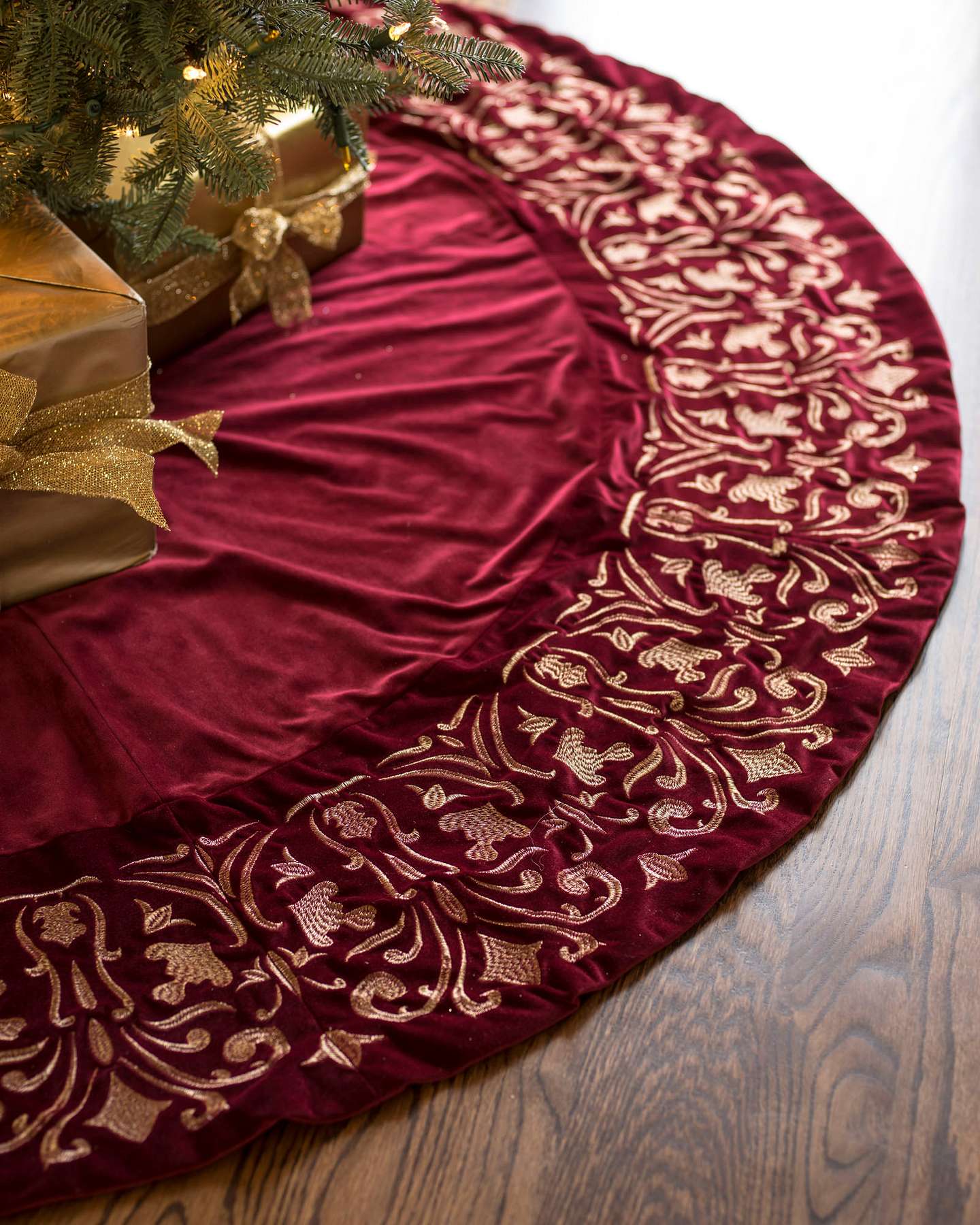 Balsam Hill Wine Luxe Embroidered Velvet Artificial Christmas Tree Skirt Product Display