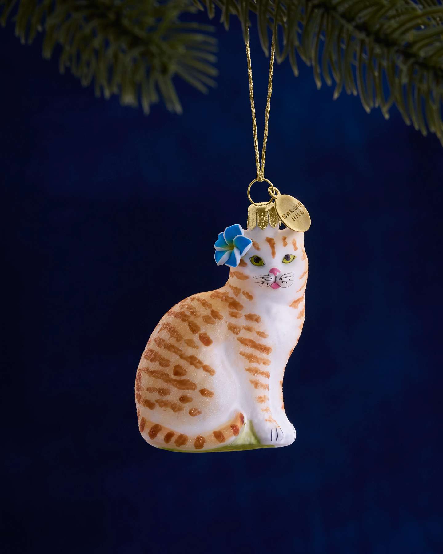 Balsam Hill Studio Orange Cat with Plumeria Ornament