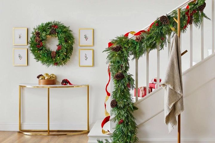 Holiday greenery displayed in a neutral background