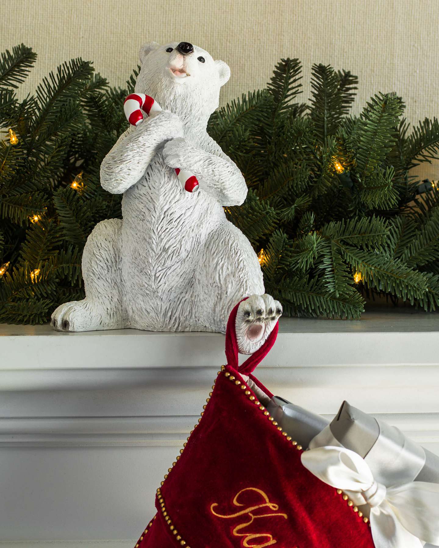 Balsam Hill Candy Cane Polar Bear Family Christmas Stocking Holder Display