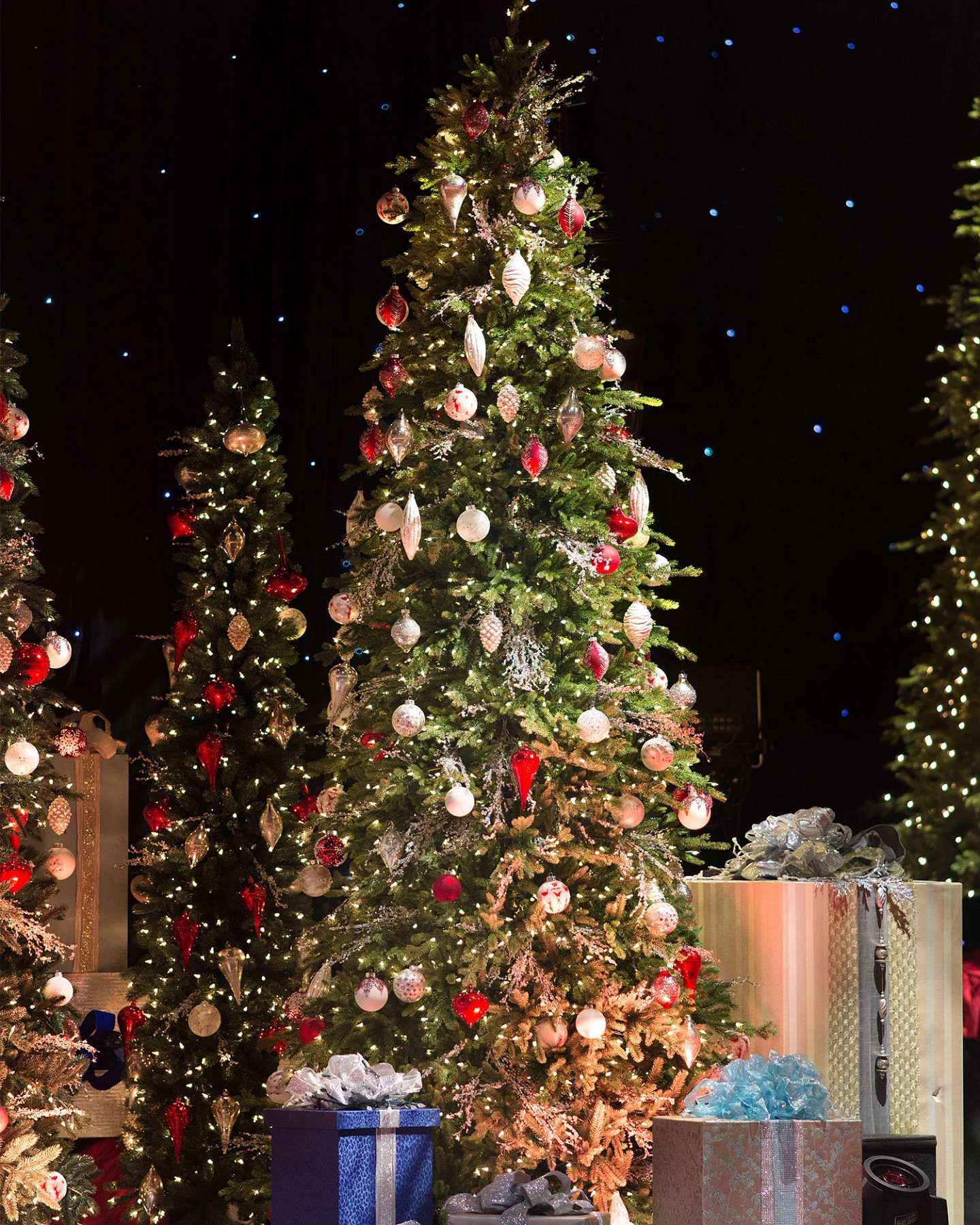 Balsam Hill Red Spruce Slim Artificial Christmas Tree in a Holiday Living Room