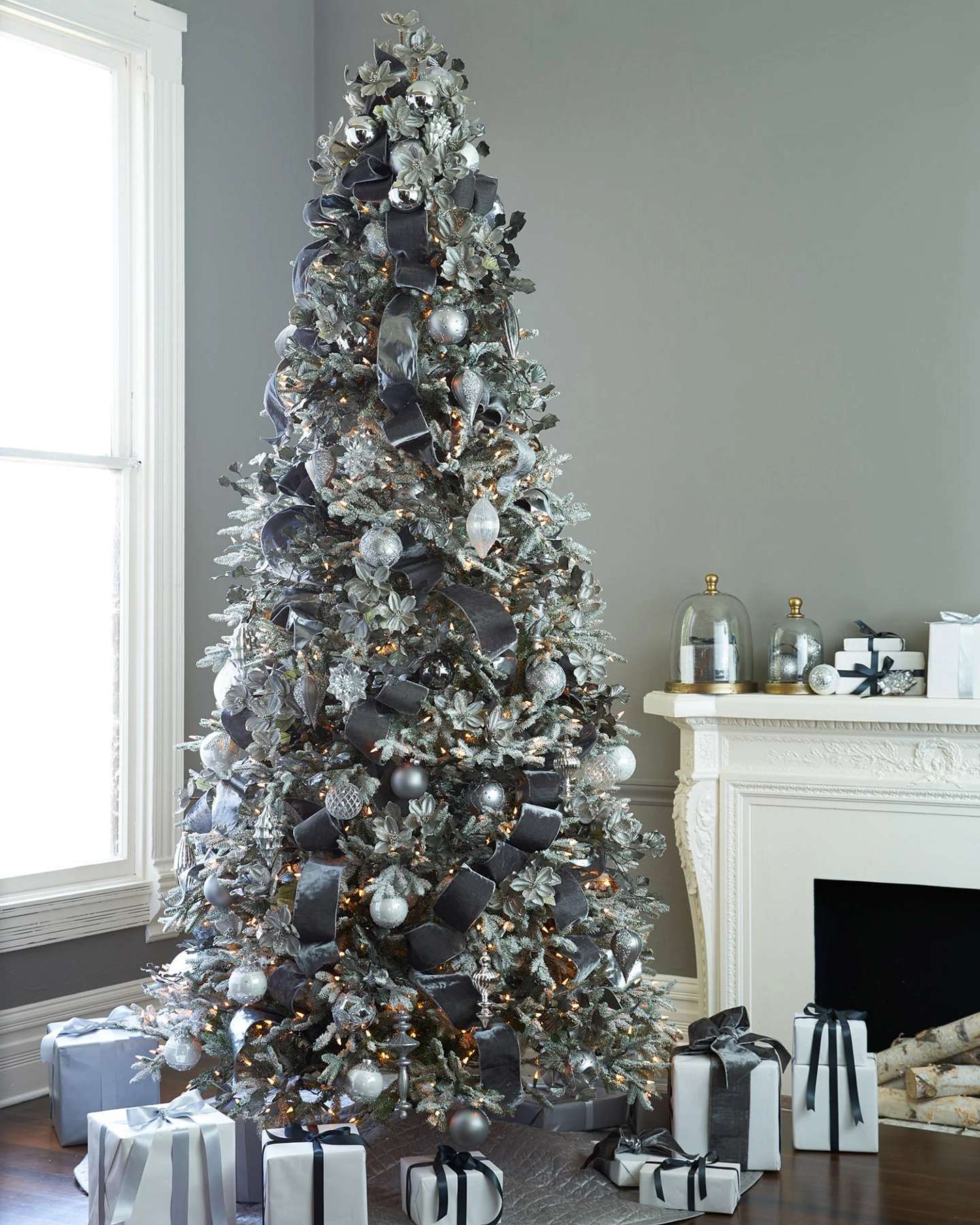 Balsam Hill Frosted Fraser Fir Artificial Christmas Tree Fireplace Display Near Window