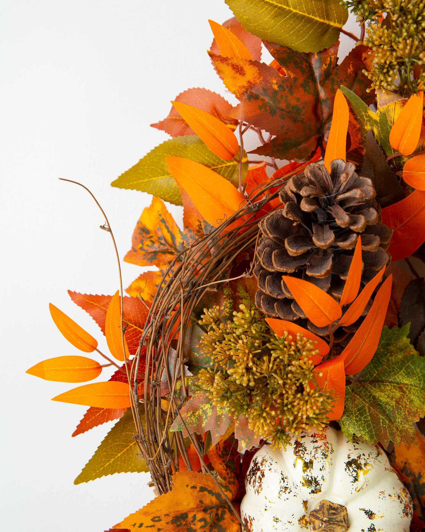 Balsam Hill Fall Medley Artificial Wreath Unlit Foliage Closeup with Acorn