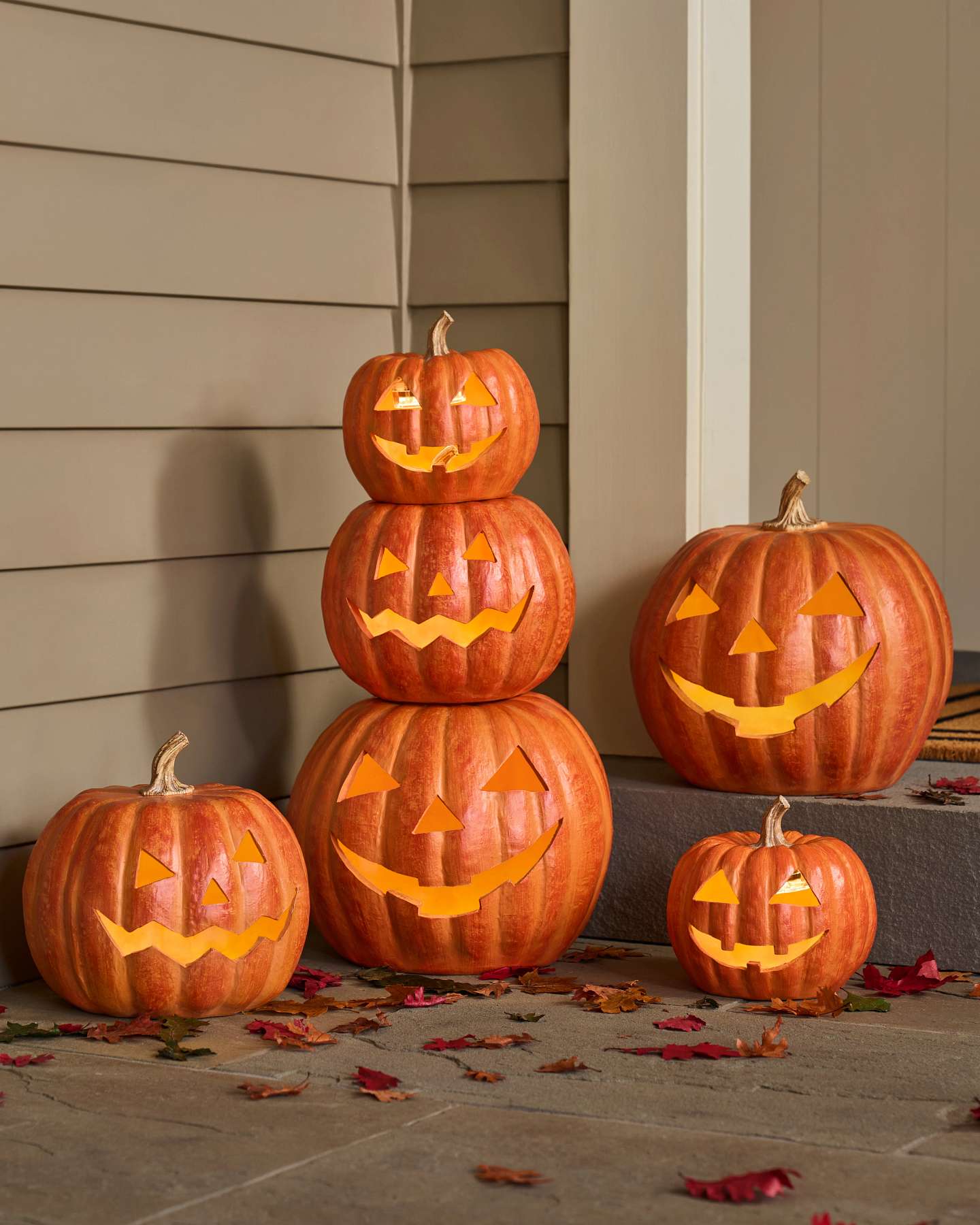 Balsam Hill Lit Stackable Grinning Jack-o-Lanterns Set of 3 in Lifestyle Setting