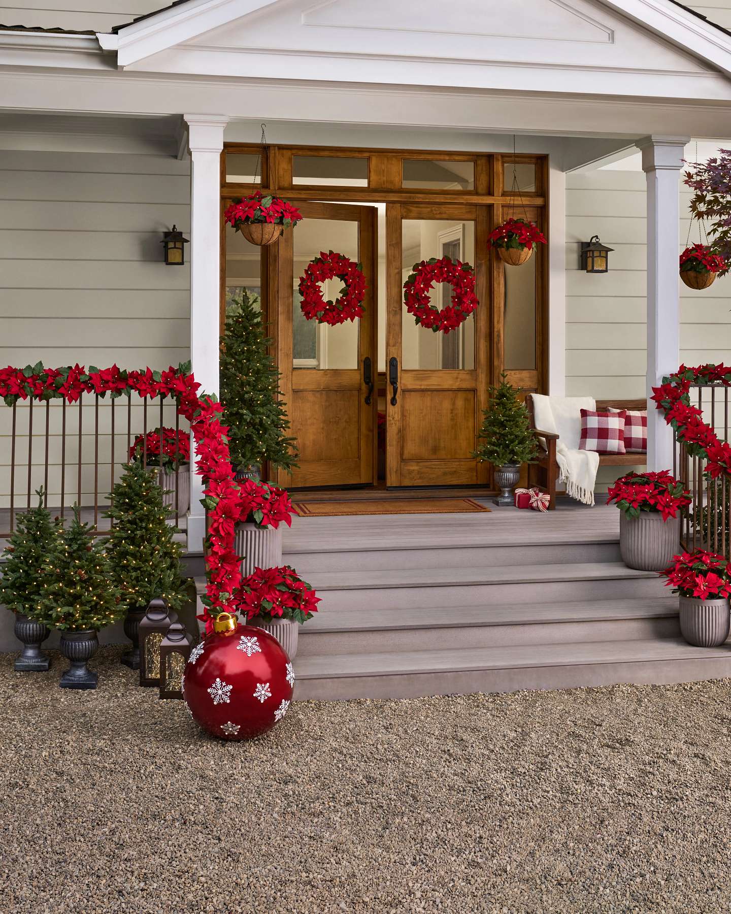 Balsam Hill Greenwich Estates Pine Artificial Christmas Tree Lifestyle Outdoor Decor with Red Poinsettia Decorations