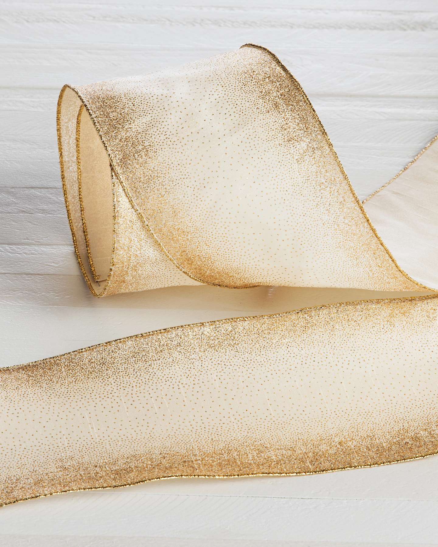 Balsam Hill Ivory and Gold Dupioni Artificial Christmas Tree Ribbon Displaying Rich Gold Accents