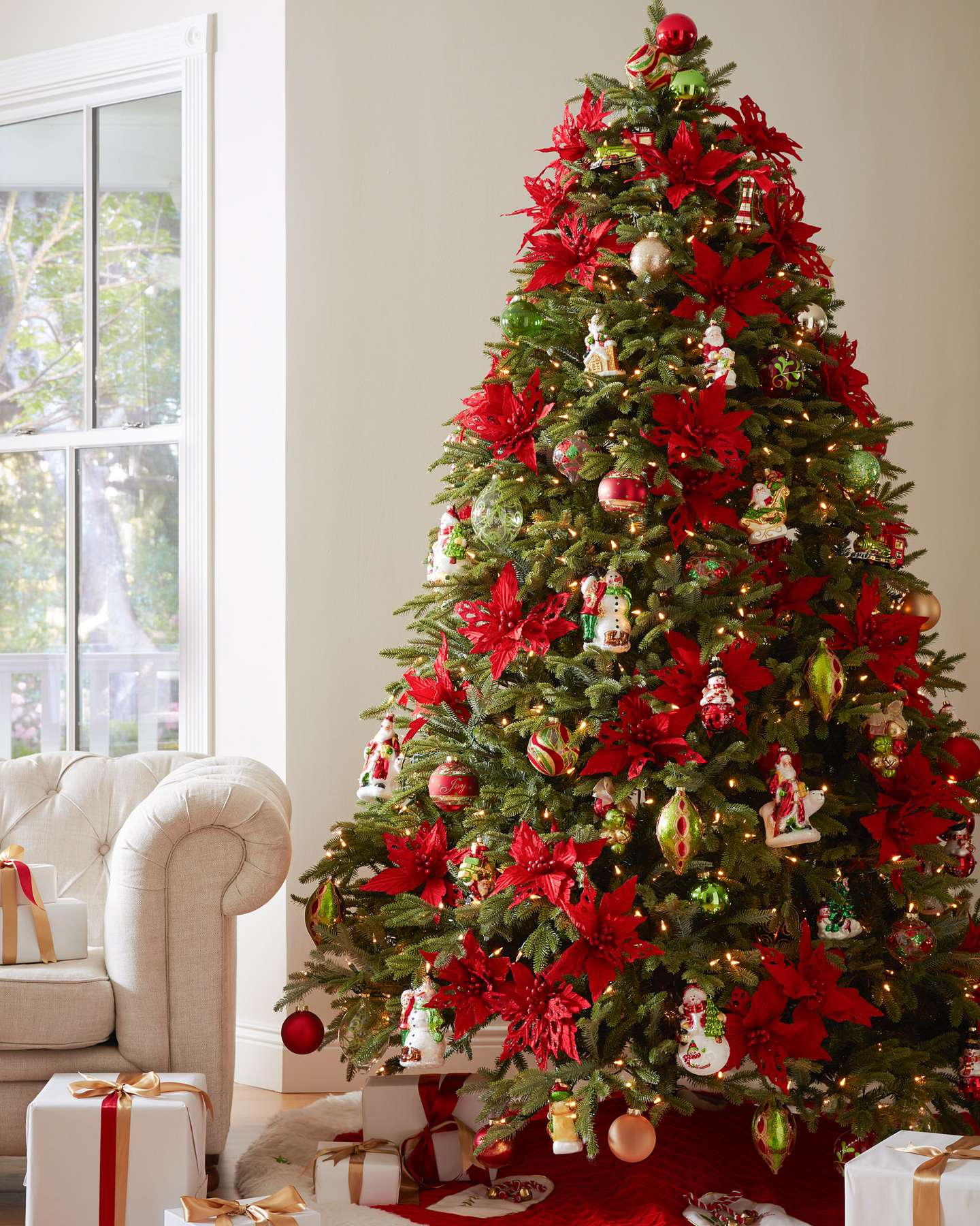 Balsam Hill Mistletoe and Holly Glass Christmas Ornaments Styled with Warm Holiday Lights
