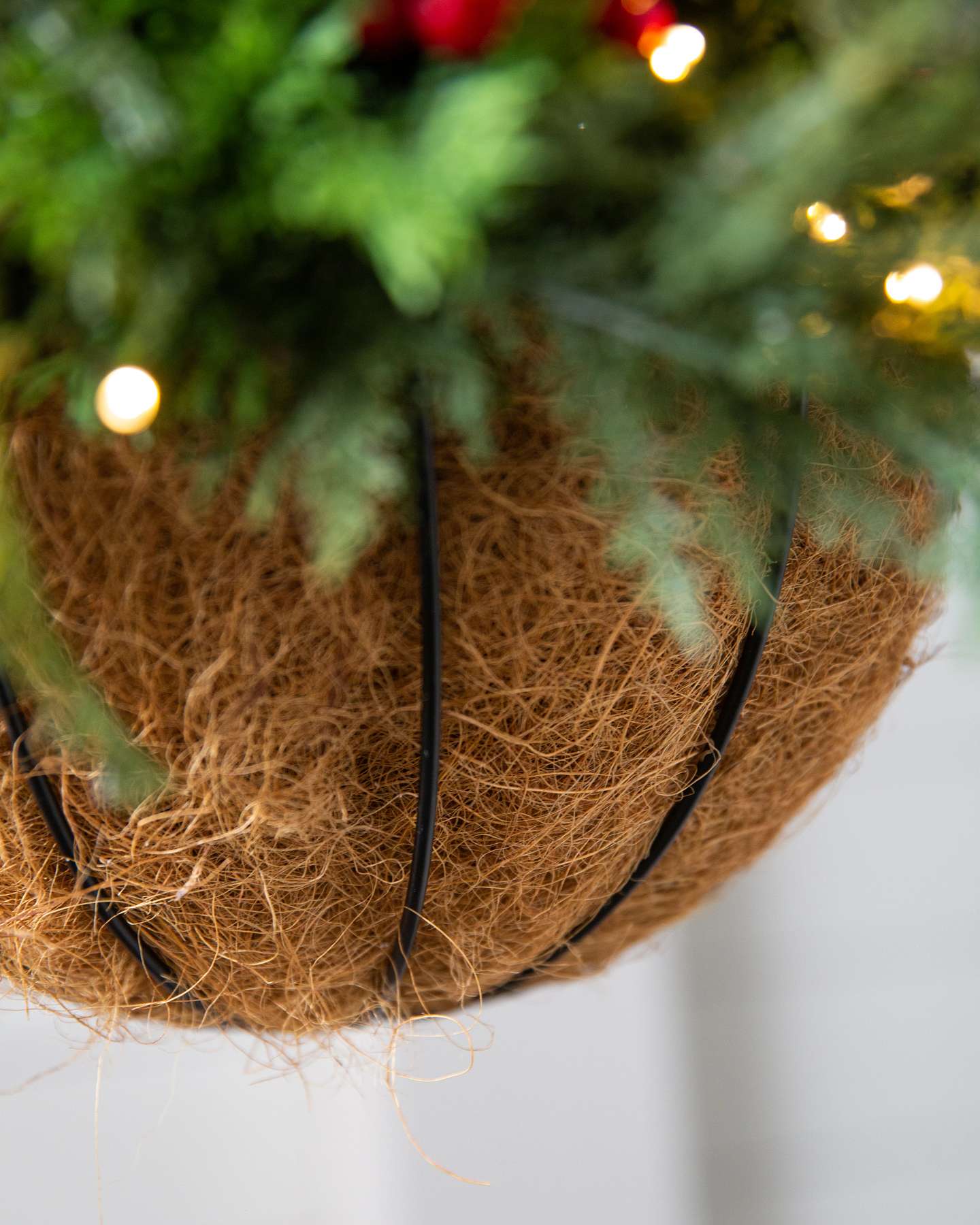 Balsam Hill Winter Evergreen Artificial Christmas Hanging Basket 18-Inch LED Closeup View