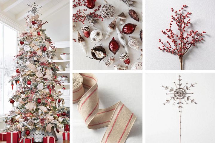 Photo collage of artificial frosted Christmas tree decorated with woodland-themed ornaments, red berry picks, burlap ribbon, metallic tree topper, and silver tree collar