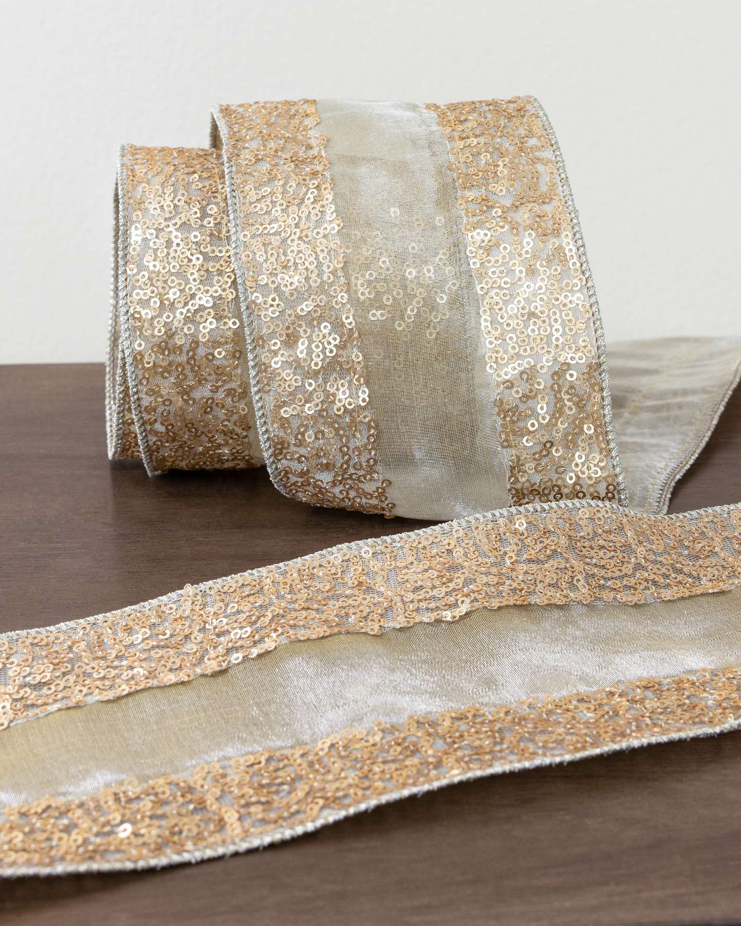 Balsam Hill 10-Yard x 5-Inch Champagne Sequined Artificial Christmas Tree Ribbon Elegant Design