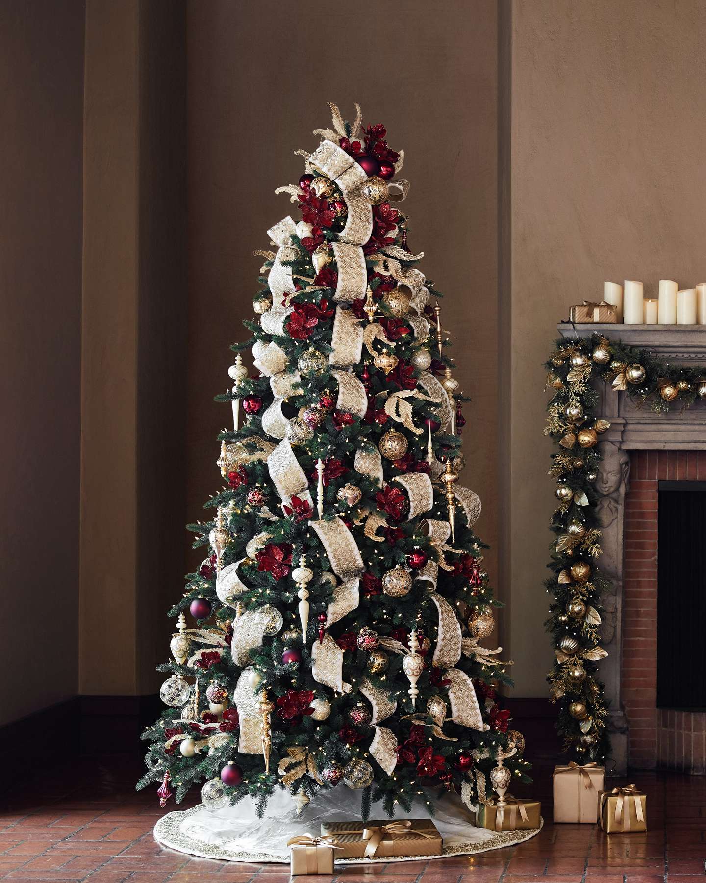 Balsam Hill White Gilded Glory Artificial Christmas Tree Skirt in Living Room