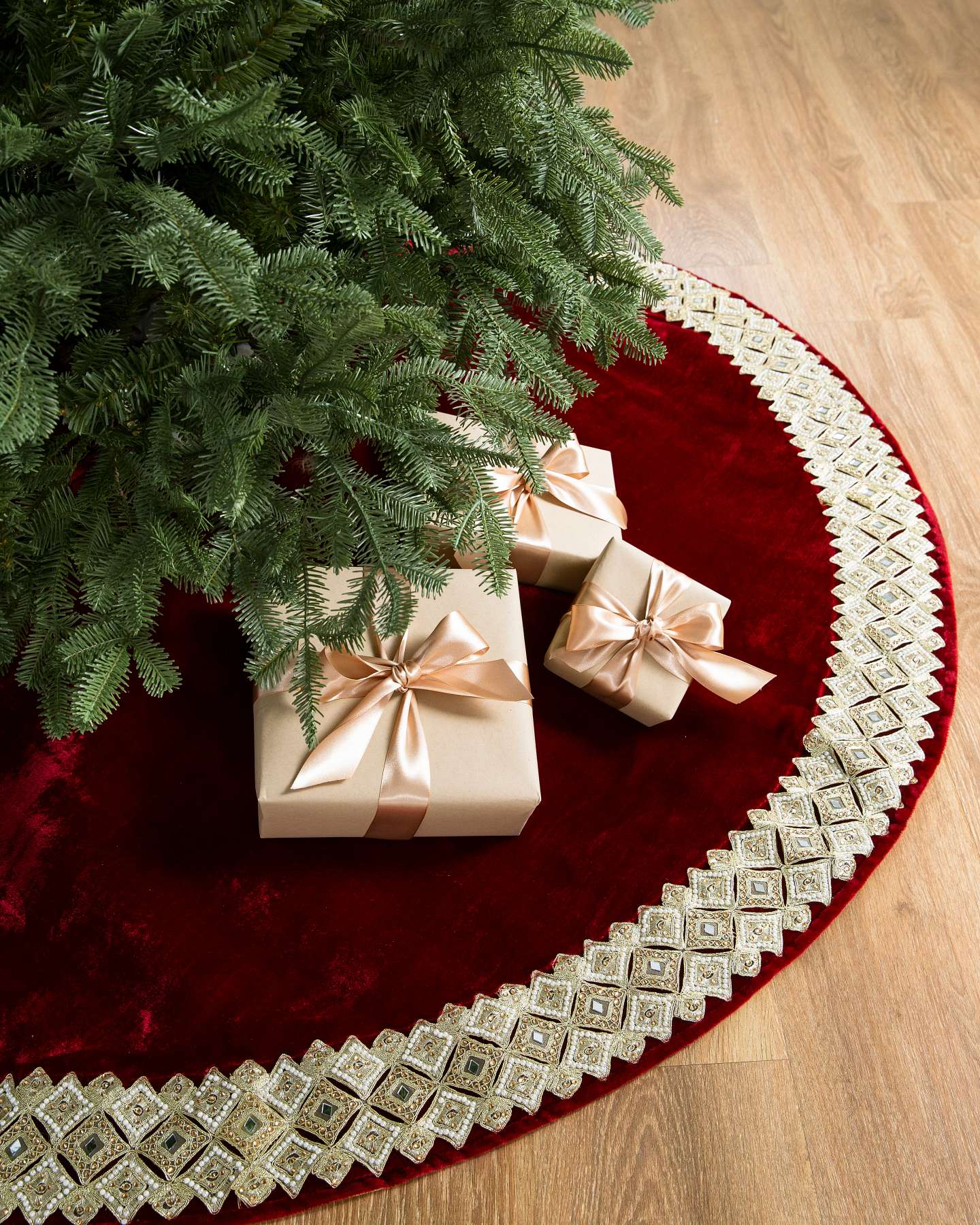 Balsam Hill Burgundy Gilded Glory Artificial Christmas Tree Skirt Full Display