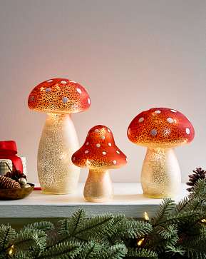 Lit Red Glass Mushroom Set Lit Red Glass Mushroom Set