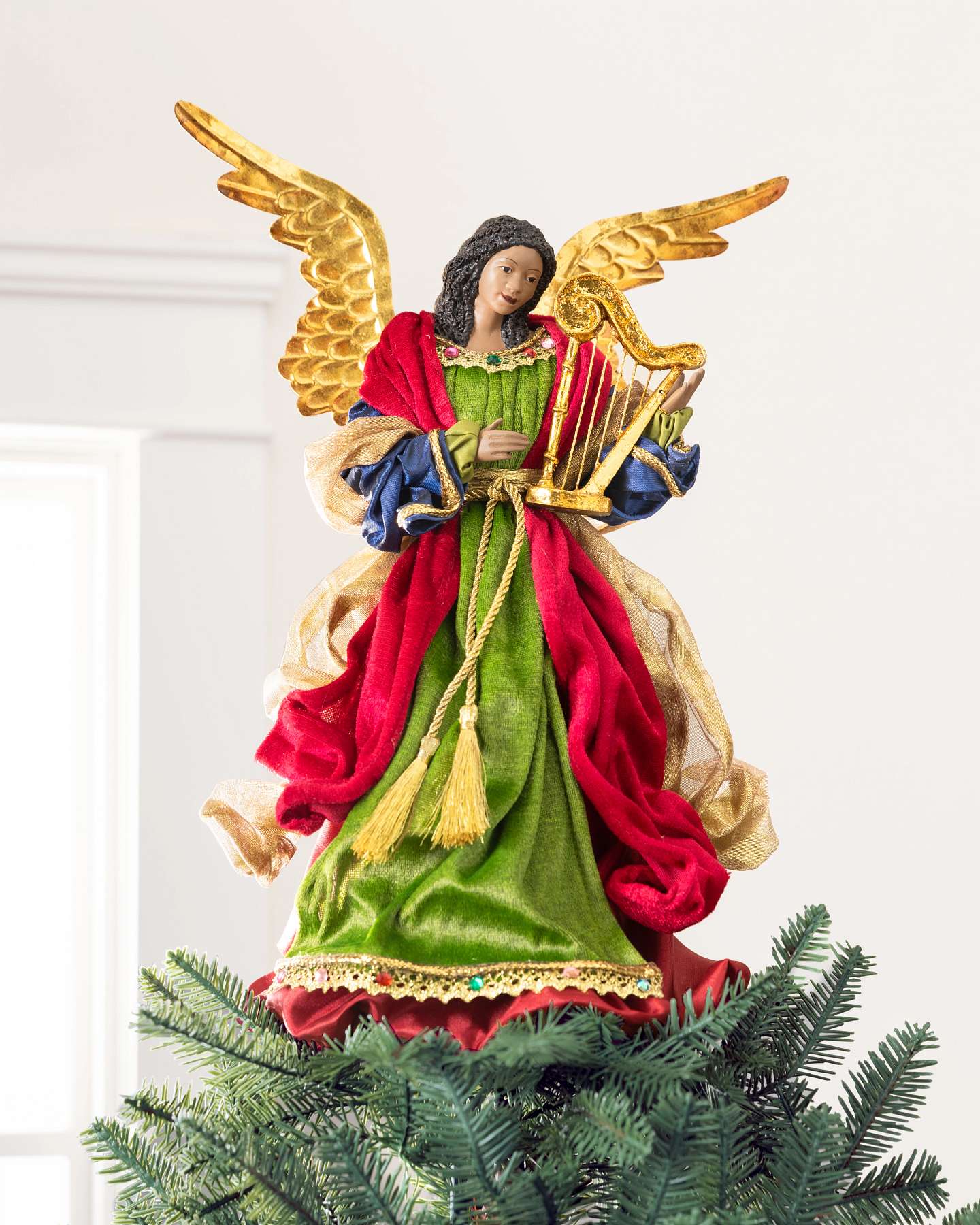 Balsam Hill 14-Inch Burgundy Gilded Black Angel Artificial Christmas Tree Topper Front View