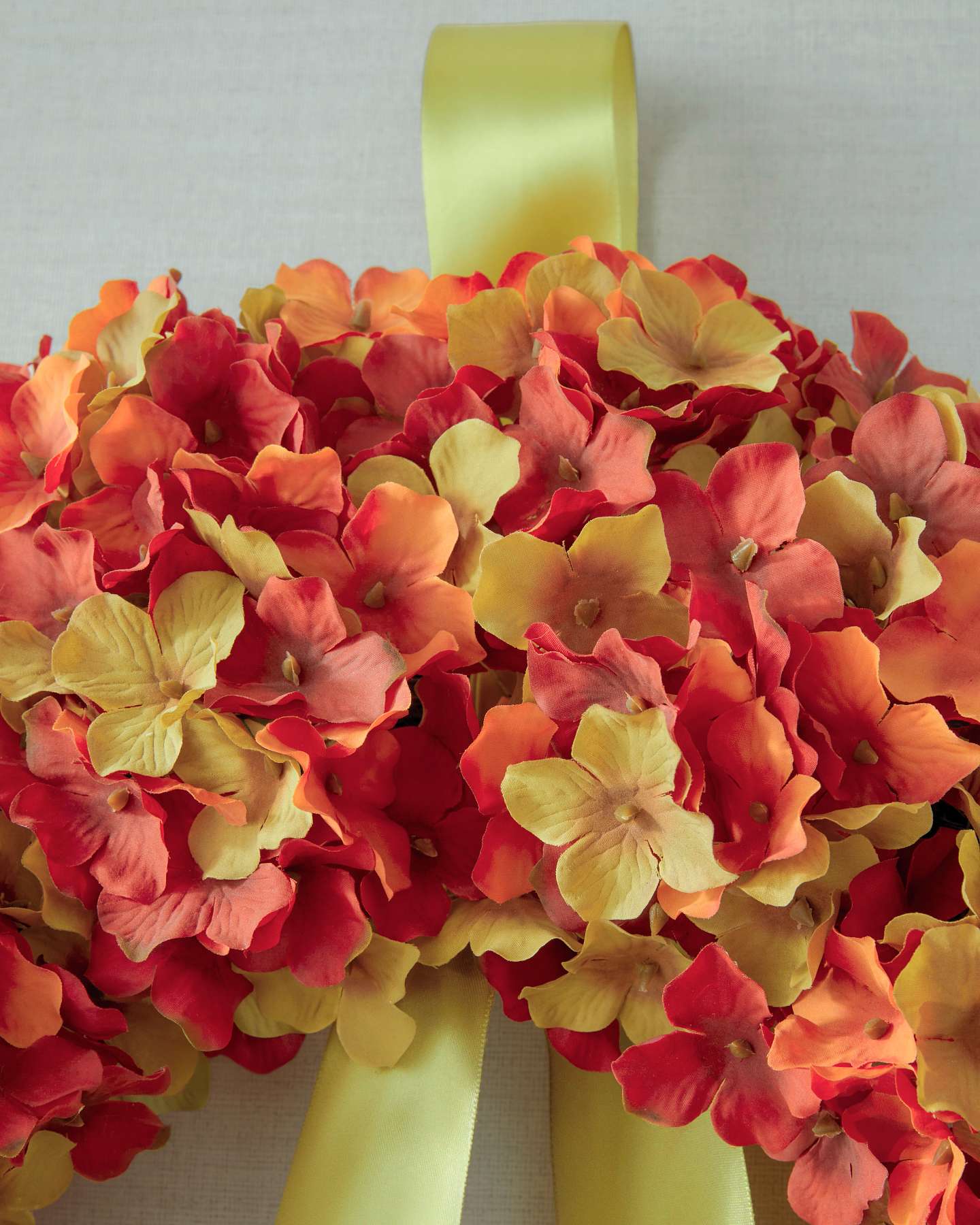 Balsam Hill Orange Rustic Hydrangea Artificial Fall Wreath Texture Close-Up