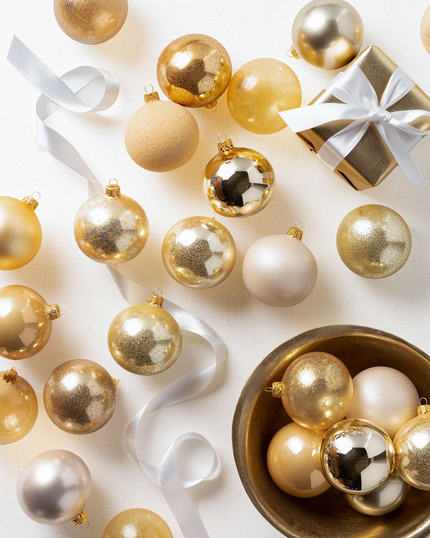 Balsam Hill Essentials Gold Tonal Christmas Ornament Set of 24 Display