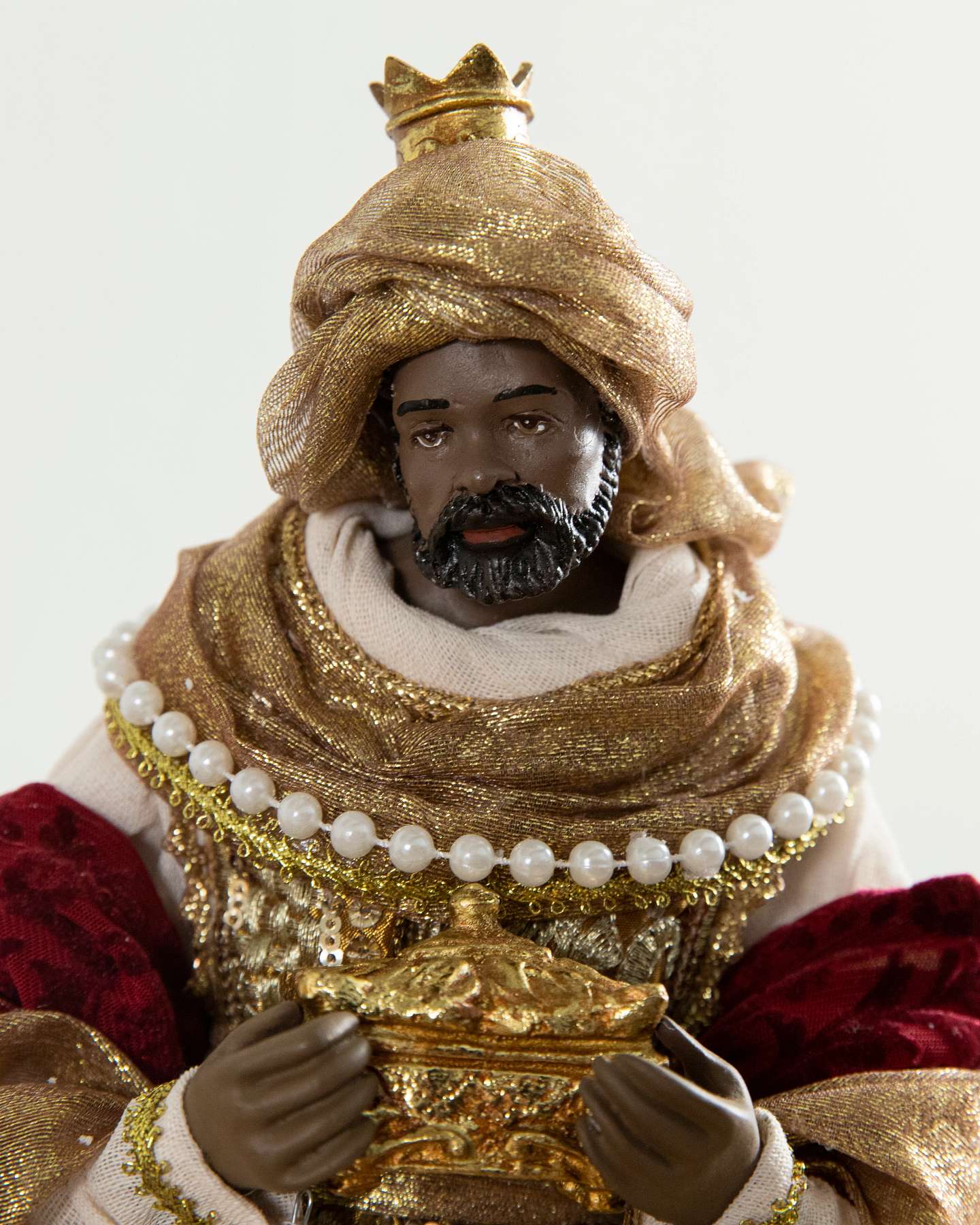 Balsam Hill Burgundy and Gold Nativity Scene Set of 6 Balthazar Closeup