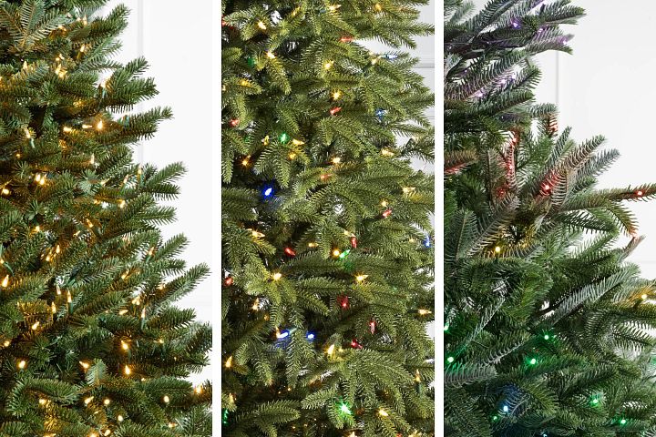 Collage image with close-up branches of pre-lit artificial Christmas trees