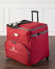 A red rolling suitcase with a retractable handle, positioned upright on a flat surface